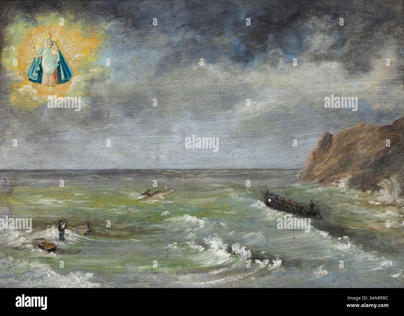 Dieses aus dem 19. Jahrhundert stammende Gemälde zeigt Schiffbrüchige Seeleute, die durch die Fürsprache unserer Lieben Frau gerettet wurden, eine Szene voller Hingabe und göttlichem Schutz, gemalt in Öl auf Metall. Stockfoto