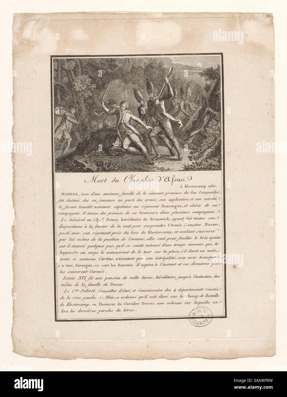 Ein Druck, der den Tod des Chevalier d'Assas, eines französischen Militärhelden, aus der Sammlung Boyer darstellt. Dieser Tiefdruck fängt sein Opfer in der Schlacht ein. Stockfoto