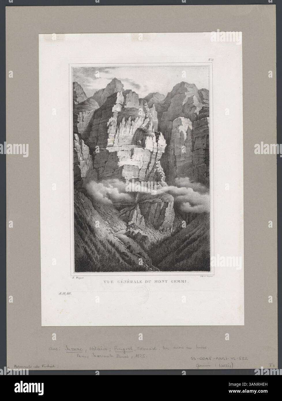 Diese Lithografie von Edouard Pingret aus dem Jahr 1825 zeigt eine allgemeine Ansicht des Mount Gemmi in den Schweizer Alpen. Das Werk wurde von Pierre Langlumé lithographiert und in Paris von Sazerac et Duval veröffentlicht. Stockfoto