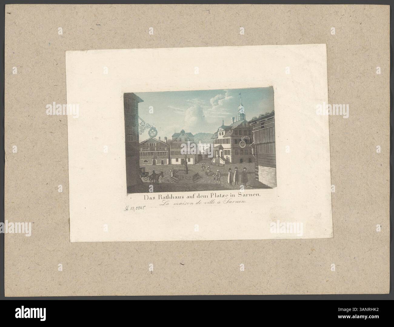 Ätzdruck von Johann Baptist Isenring, entstanden zwischen 1833 und 1835, mit dem Rathaus in Sarnen. Dieser Druck ist Teil einer Sammlung malerischer Ausblicke auf Schweizer Städte und ihre Umgebung. Stockfoto