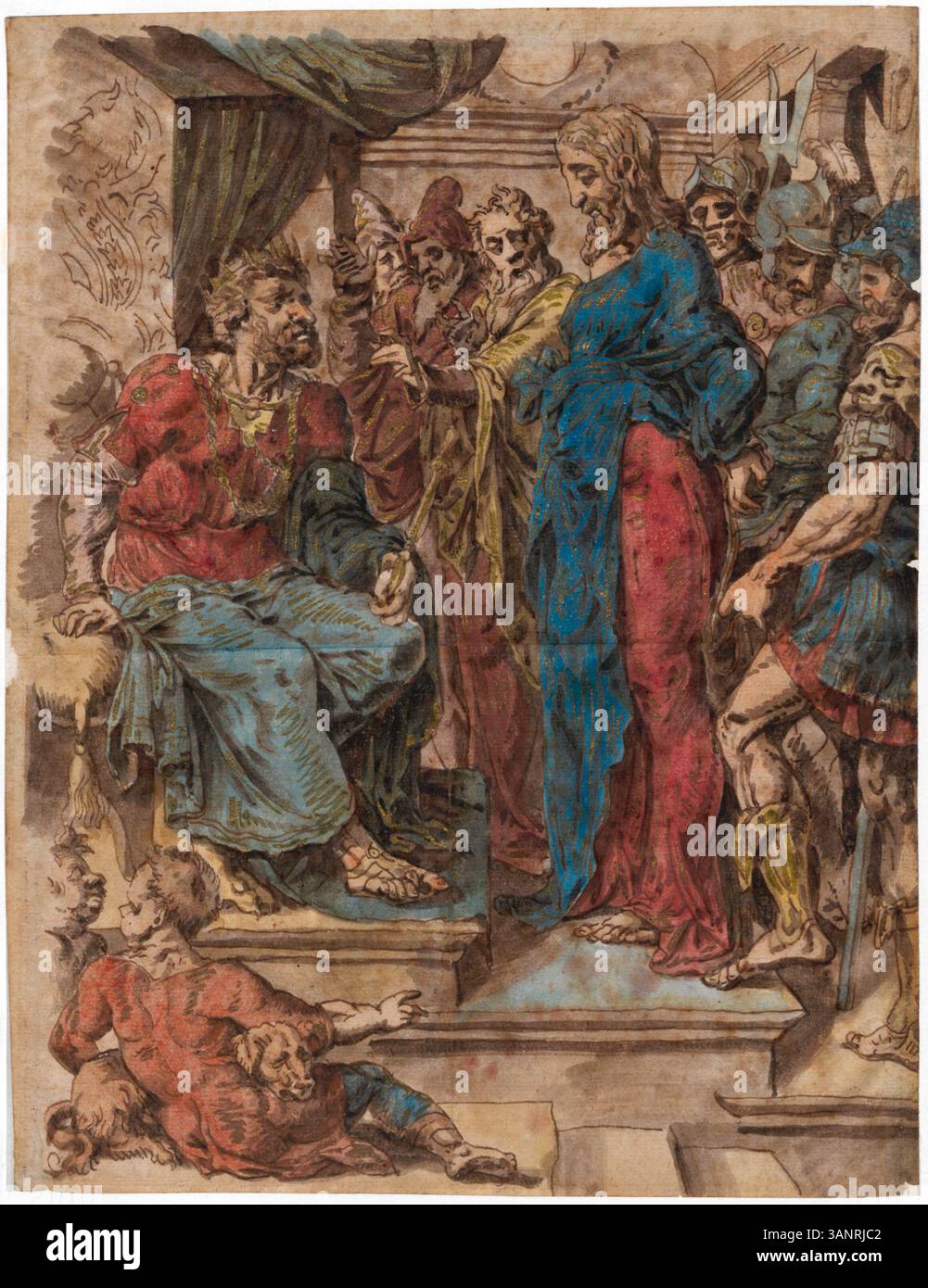 Diese Ätzung aus dem 16. Jahrhundert nach Maarten van Heemskerck zeigt Christus vor Herodes mit einem geflügelten Putto auf der Rückseite. Das Kunstwerk zeigt religiöse Themen der Renaissance und die dramatische Darstellung des Prozesses Christi. Stockfoto