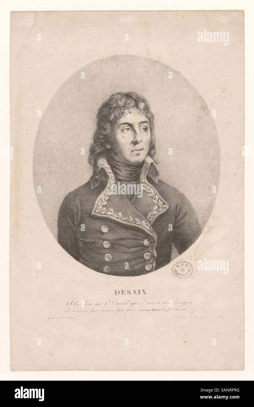 Diese Lithografie von Louis Desaix, einem wichtigen französischen General in den Unabhängigkeitskriegen, stellt seine militärischen Beiträge und seine Führung vor. Der Druck, der in der Sammlung Boyer untergebracht ist, spiegelt die Bedeutung seiner Rolle wider, insbesondere seine Handlungen während der Schlacht von Marengo. Stockfoto