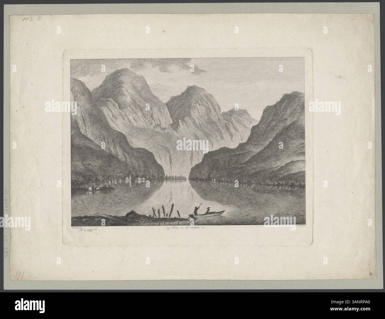 Diese Radierung aus dem späten 18. Jahrhundert von Salomon Gessner und Heinrich Pfenninger zeigt das Gebiet bei Fluelen am Vierwaldstättersee. Das Werk wurde in den späten 1700er Jahren geschaffen und zeigt die natürliche Schönheit der Region, einschließlich der Landschaft am See. Stockfoto