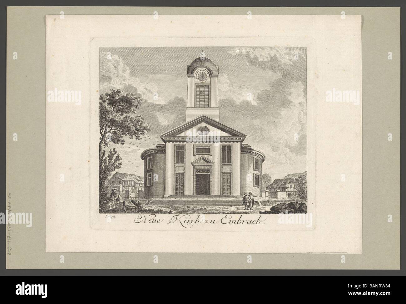 Radierung von 1782 von Johann Jakob Meyer und Heinrich Pfenninger, Darstellung der Neuen Kirche in Embrach, Schweiz. Der Druck stellt die reformierten Kirchen rund um Zürich dar. Stockfoto