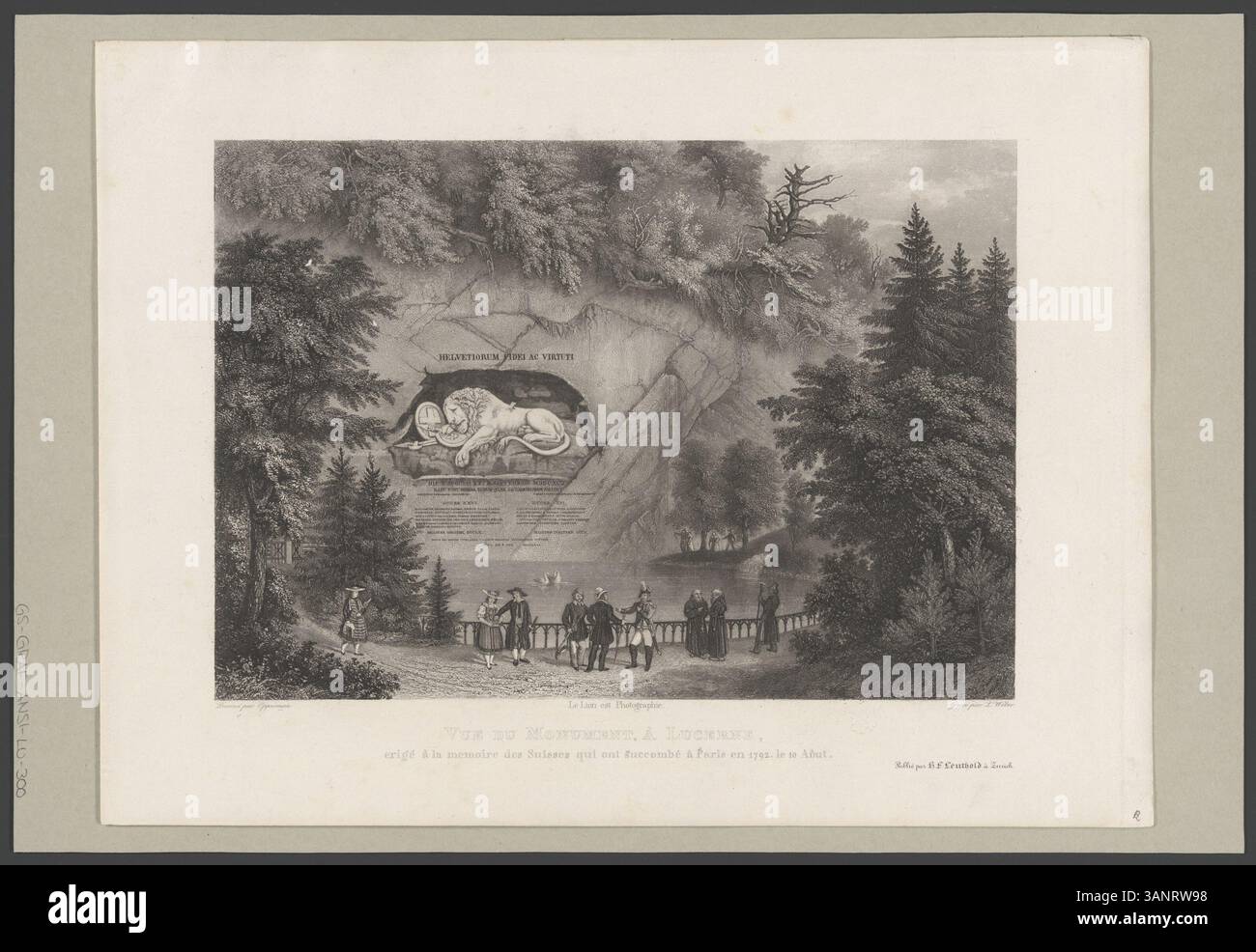 Diese Gravur zeigt das Denkmal in Luzern, das den Schweizer Soldaten gewidmet ist, die 1792 in Paris starben. Das Werk wurde von Wilhelm Ulrich Oppermann und Lukas Weber geschaffen und erinnert an die Tapferkeit und Opferbereitschaft der Schweizer Soldaten während der Französischen Revolution. Der Stich fängt auch die historische Landschaft Luzerns ein. Stockfoto