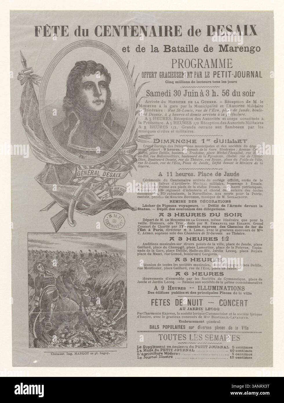 Der Druck erinnert an die hundertjährige Feier von General Desaix und die Schlacht von Marengo, einem wichtigen Sieg Frankreichs im Jahr 1800, mit einem Programm des Petit-Journal. Stockfoto