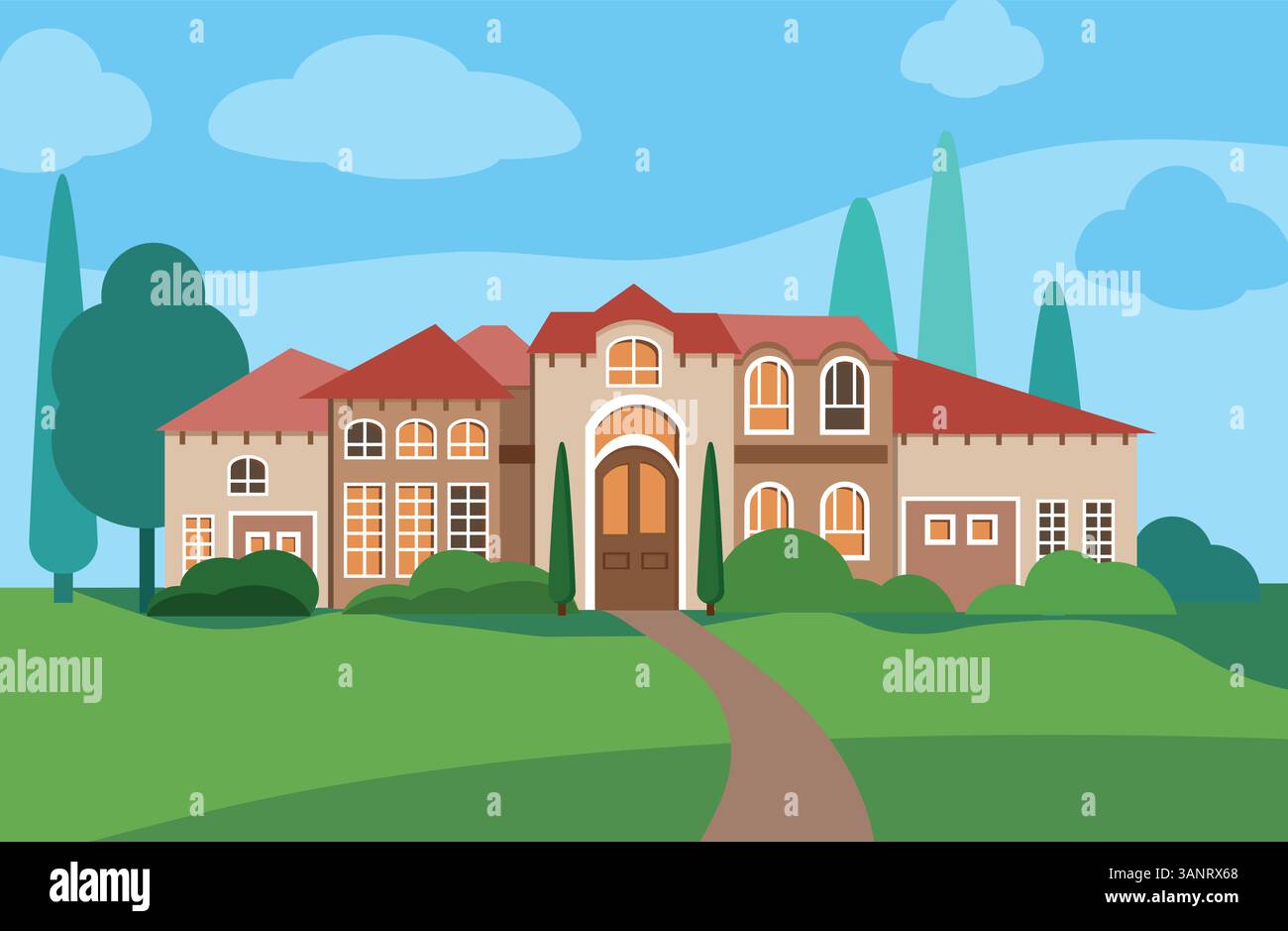 Ein großes Landhaus. Vorderansicht. Vektorabbildung in abgewickelter Form Stock Vektor