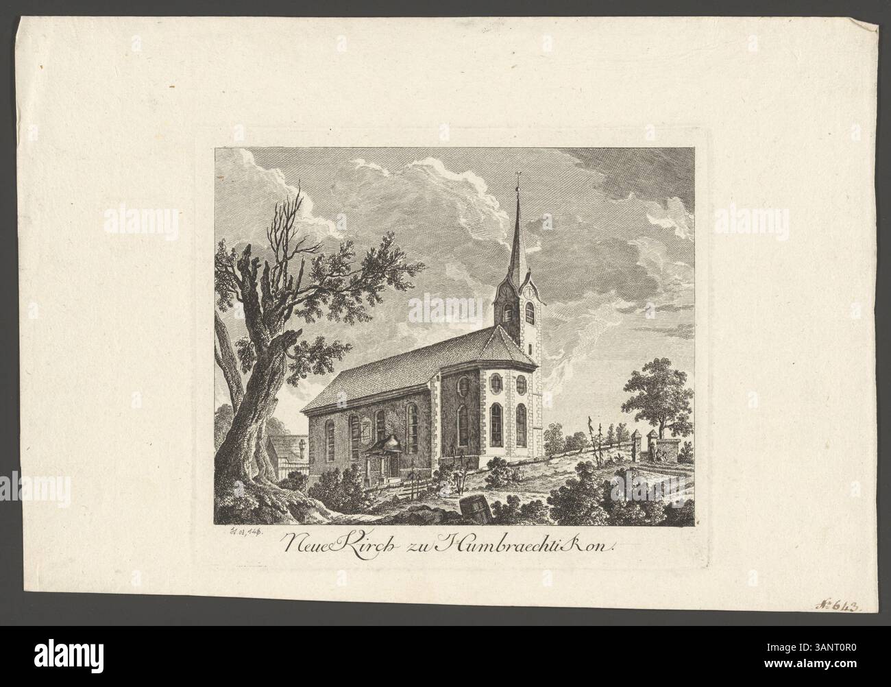 Diese 1782 von Johann Jakob Meyer und Heinrich Pfenninger gegrabene Gravur stellt die Neuen Kirche in Humbraechtikon im Rahmen der Zürcher Reformationskirche dar. Der Druck zeigt detaillierte architektonische Elemente der Kirche und der umliegenden Landschaft. Stockfoto