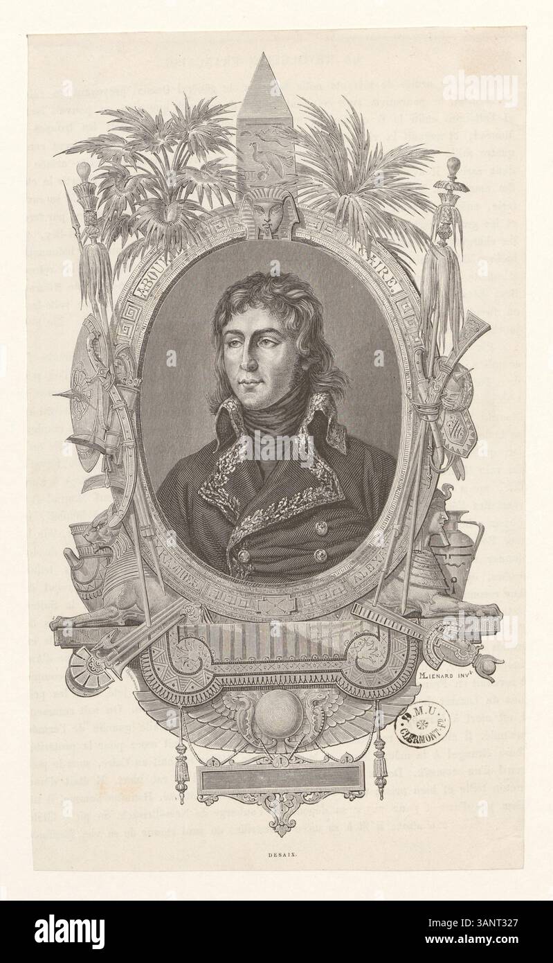 Dieser Druck zeigt einen Holzstich von Louis Desaix, einem prominenten französischen General während der Unabhängigkeitskriege. Das Bild fängt sein Bild in einem detaillierten, monochromen Stil ein, der seine Bedeutung in der französischen Militärgeschichte widerspiegelt. Als Teil der Boyer-Sammlung veranschaulicht dieser Druck Desaix seine militärische Rolle, insbesondere seine Beiträge zur Schlacht von Marengo im Jahr 1800. Stockfoto