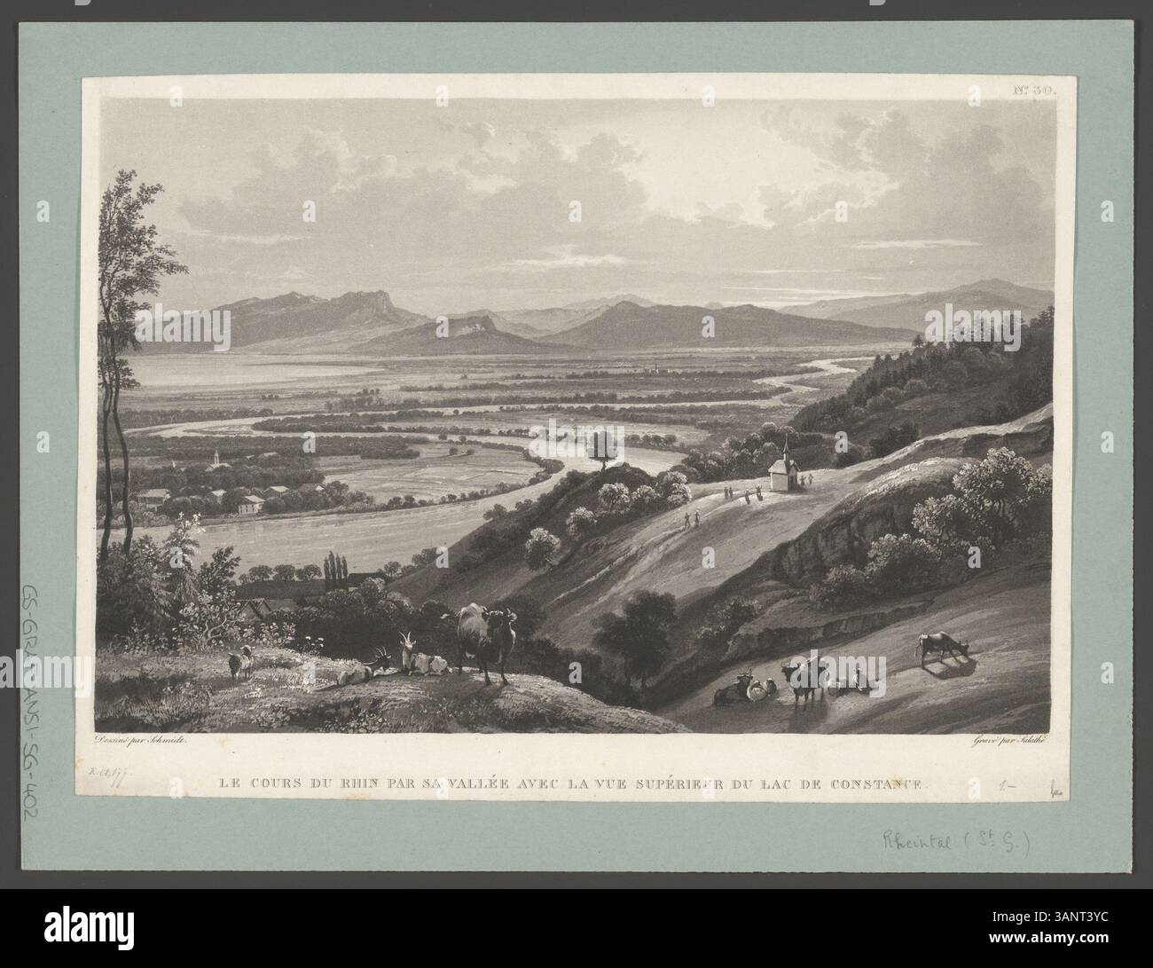Dieser Aquatindruck aus dem 19. Jahrhundert zeigt das Rheintal mit Blick auf den Bodensee. Er wurde von Johann Jakob Schmid gezeichnet und von Friedrich Salathé graviert. Der Druck ist Teil einer Serie, die malerische Ausblicke entlang des Rheins zeigt und in der Schweizerischen Nationalbibliothek untergebracht ist. Stockfoto