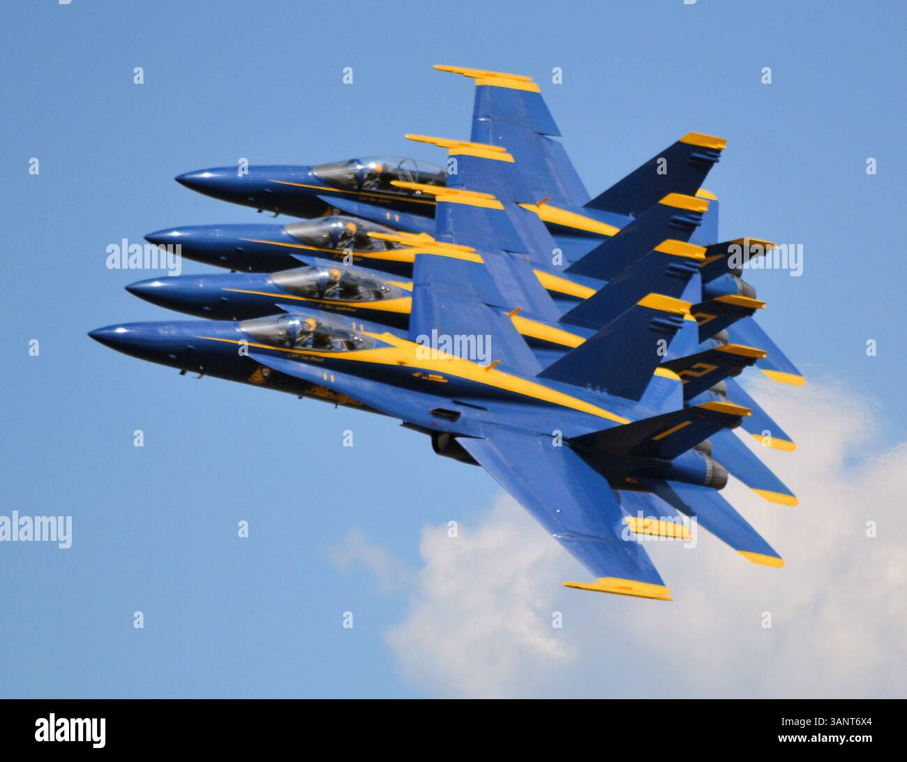 Die Blue Angels der US Navy sind ein fantastisches Kunstflugteam. Diese Gruppe von VIER Jets sieht aus wie EIN Flugzeug! Stockfoto