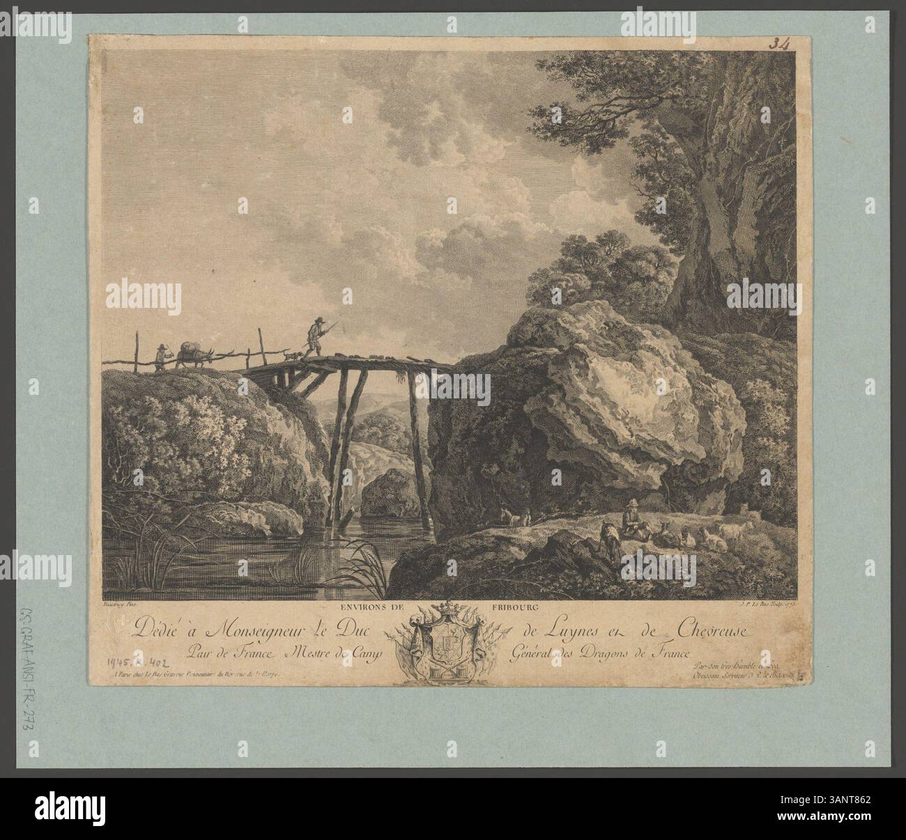 Dieser Druck aus dem Jahr 1775 zeigt einen Blick auf die Umgebung von Freiburg, der Monseigneur Le Duc de Luynes gewidmet ist. Sie wurde von Christian Wilhelm Ernst Dietrich geschaffen und von Jacques-Philippe Le Bas mit einem Aquatintstich auf Papier versehen. Der Druck enthält detaillierte Inschriften und ist von beiden Künstlern signiert. Stockfoto