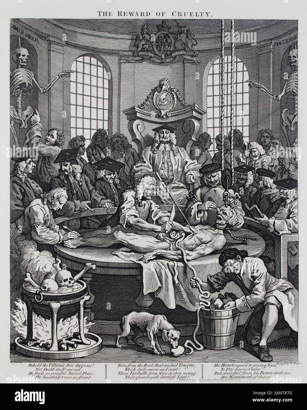 In *The Belohnung of Grausamkeit*, Platte IV von Hogarths *The Four Stages of Grausamkeit* (1751) hebt die Künstlerin die tragischen Folgen unkontrollierter Grausamkeit hervor und zeigt eine Figur, die durch ihre Handlungen leidet. Dieser Abdruck schließt Hogarths moralische Serie ab, in der er das soziale Klima im England des 18. Jahrhunderts kritisiert. Stockfoto