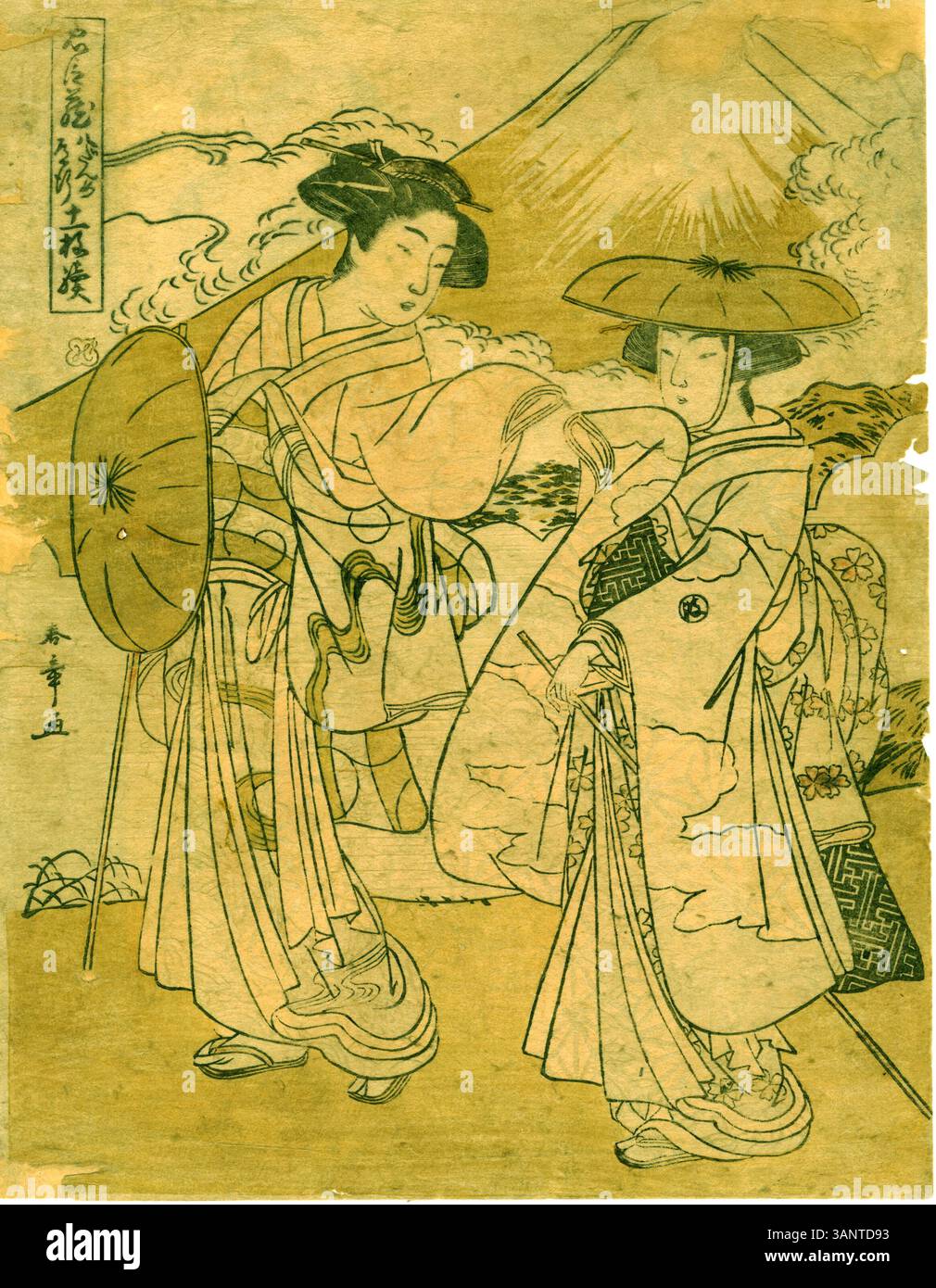 Katsukawa Shunsho zeigt 1770 zwei Frauen, die am Fuji reisen, und zeigt die Eleganz und natürliche Schönheit der Szene. Der Druck betont die Damenkleidung und die majestätische Präsenz des Fuji, typisch für die Landschaftskunst der Edo-Zeit. Stockfoto