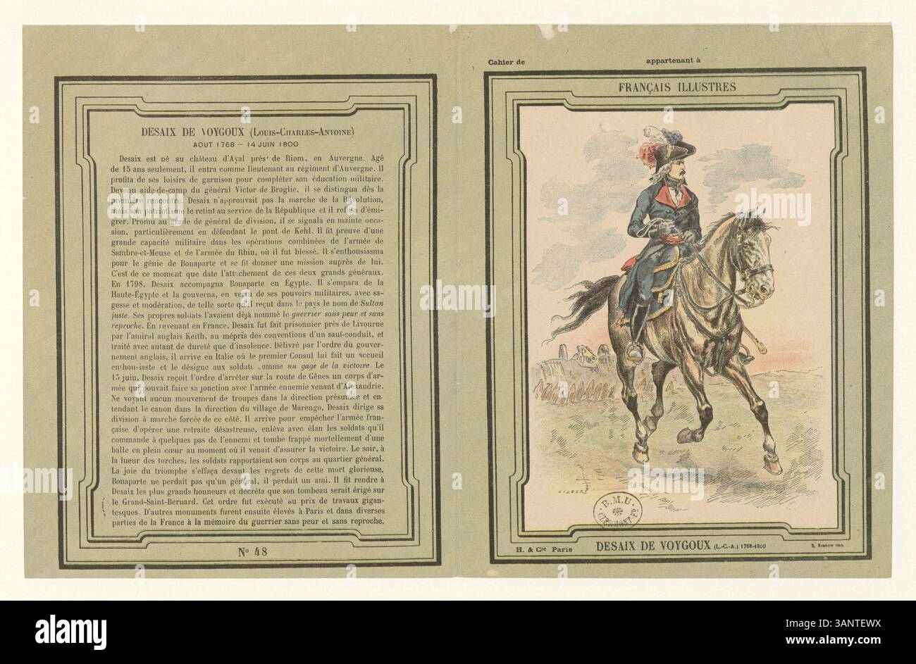 Dieser Druck zeigt Louis-Charles-Antoine Desaix, einen berühmten französischen General, der für seine Rolle in den Unabhängigkeitskriegen und seinen Tod 1800 bekannt ist. Stockfoto