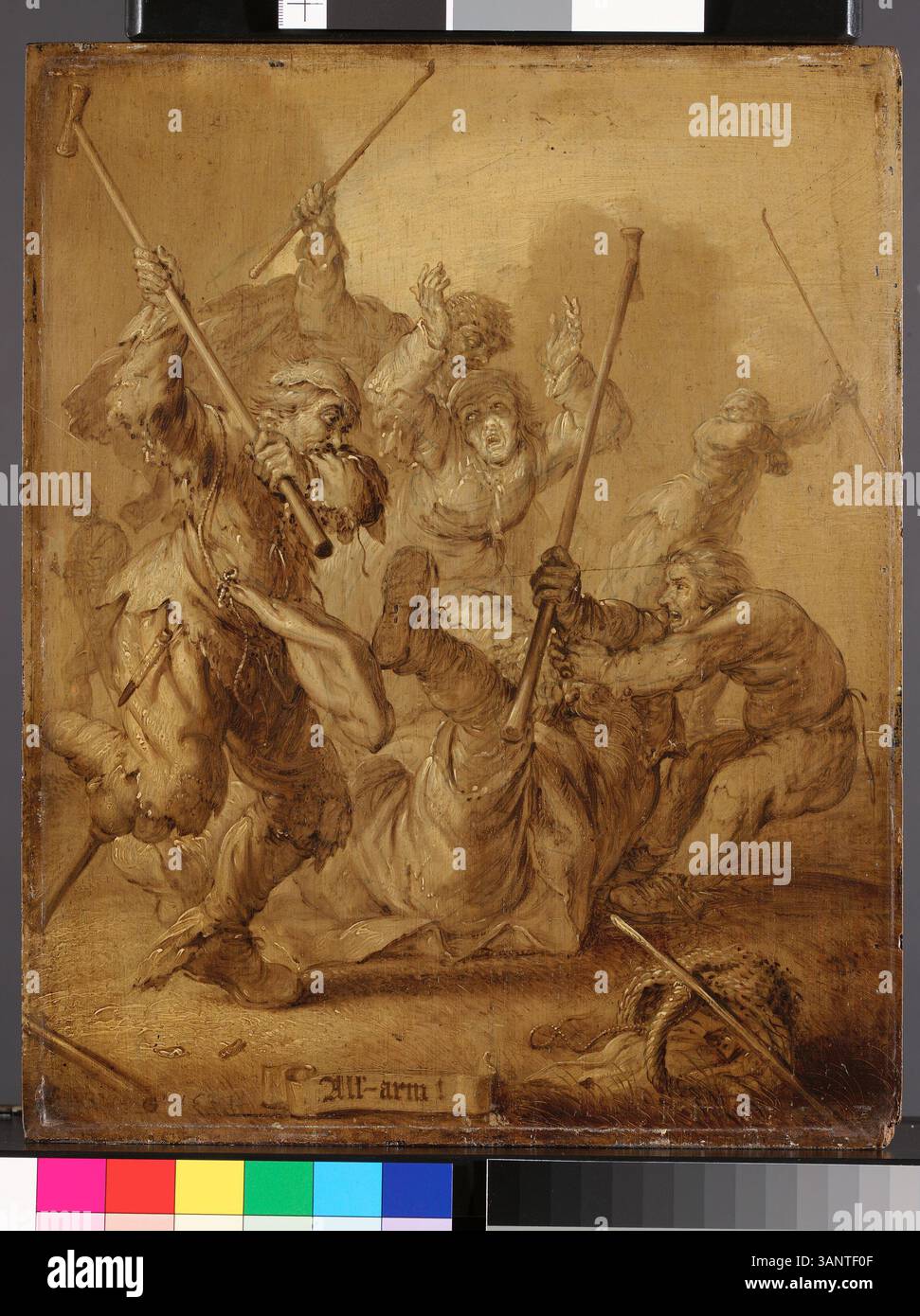 Adriaen van de Vennes Gemälde „All-Arm“ aus dem Jahr 1631 zeigt eine symbolische Figur, die an kriminellen Aktivitäten beteiligt ist, und betont den sozialen Kommentar des Verbrechens in der niederländischen Gesellschaft des 17. Jahrhunderts. Stockfoto