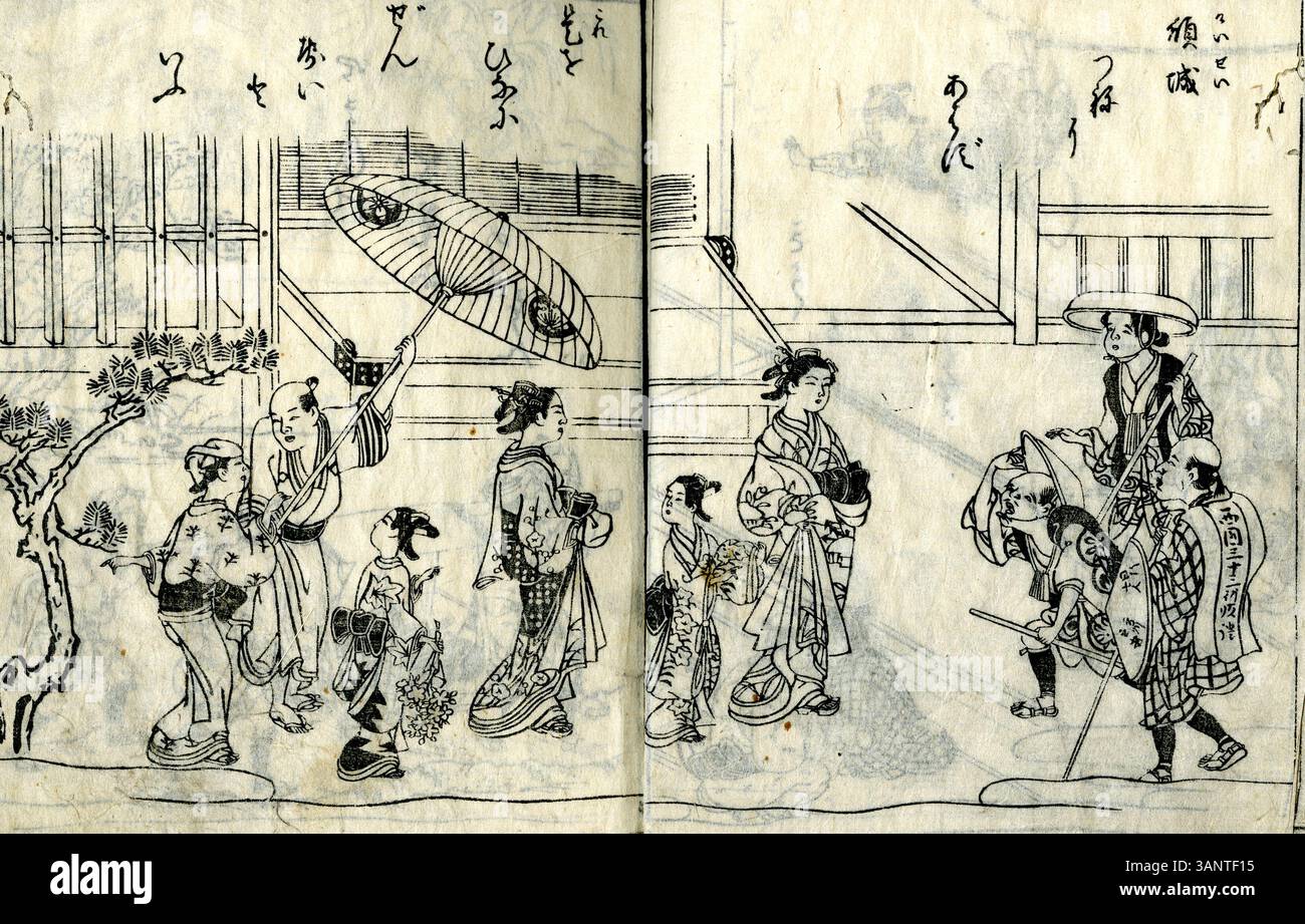 Das zweibändige Künstlerbuch Gahon-Gitsugo-Kyo zeigt traditionelle japanische Kalligrafie und Illustrationen. Sein kompliziertes Design veranschaulicht die japanische Kunst und Kultur des 18. Jahrhunderts, die in der Vanderbilt Fine Arts Gallery gehalten wird. Stockfoto