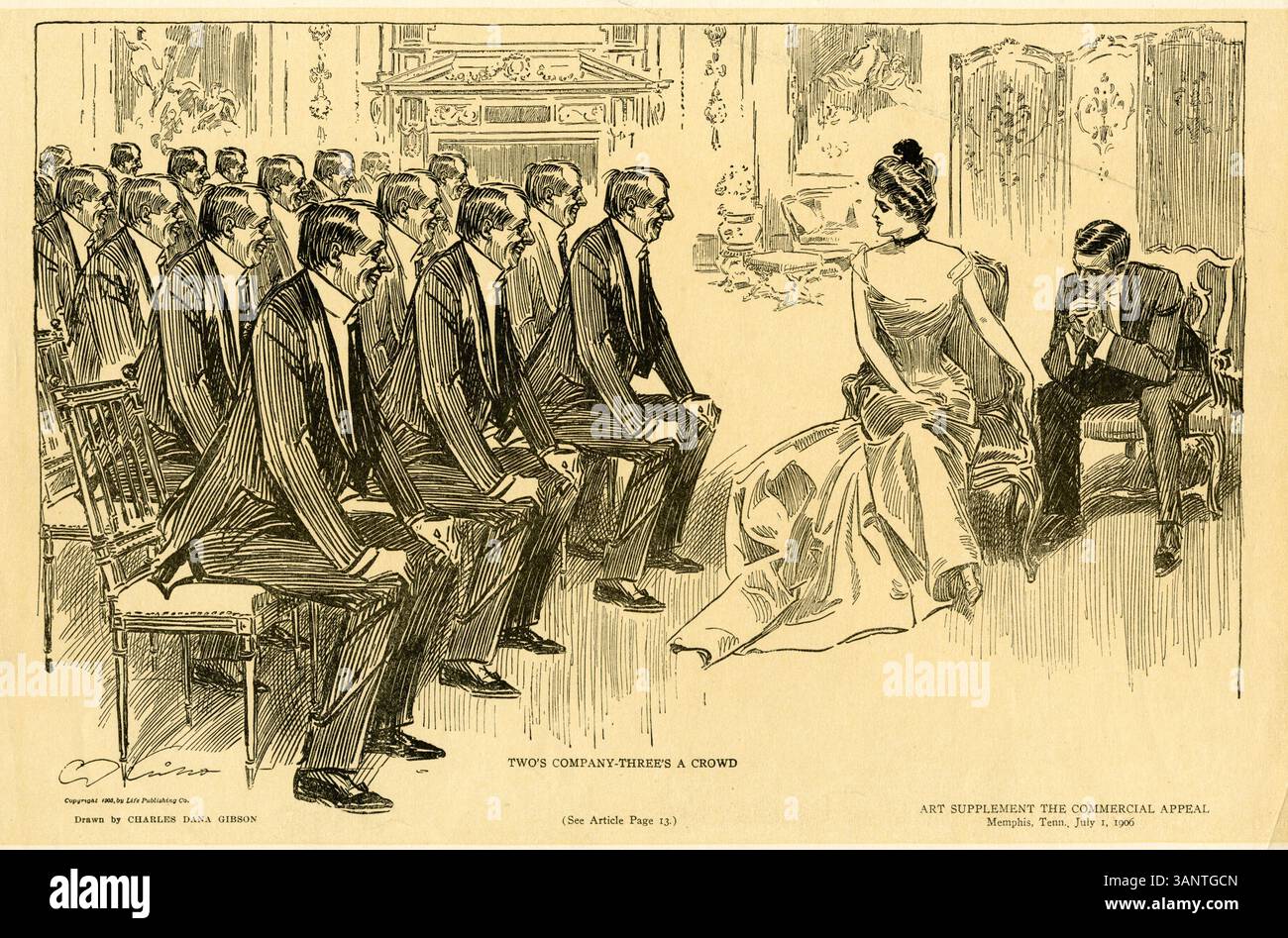 Charles Dana Gibsons 1903 erschienene Ausgabe *Two's Company-Three's a Crowd* porträtiert humorvoll die Dynamik eines Paares und eines dritten Rades, indem er subtile soziale Kommentare verwendet. Stockfoto