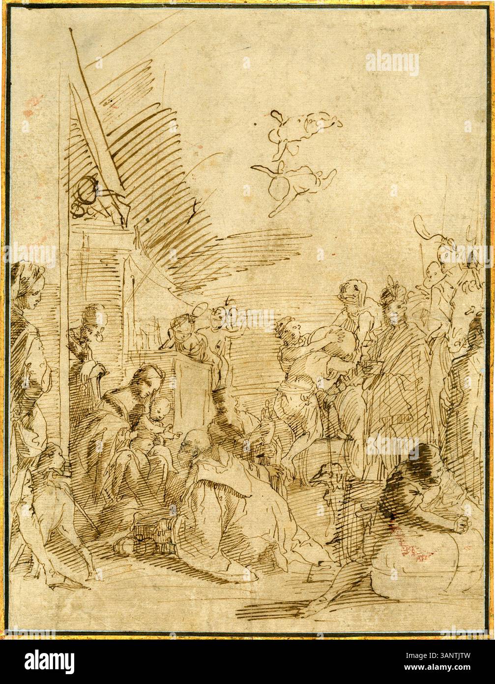 Alessandro Turchis Zeichnung „Anbetung der Könige“ zeigt die biblische Szene der Könige, die dem Jesuskind Geschenke überreichen. Die feinen Details in Stift- und Tintenzeichnung betonen den Moment der Ehrfurcht und Ehrfurcht. Stockfoto