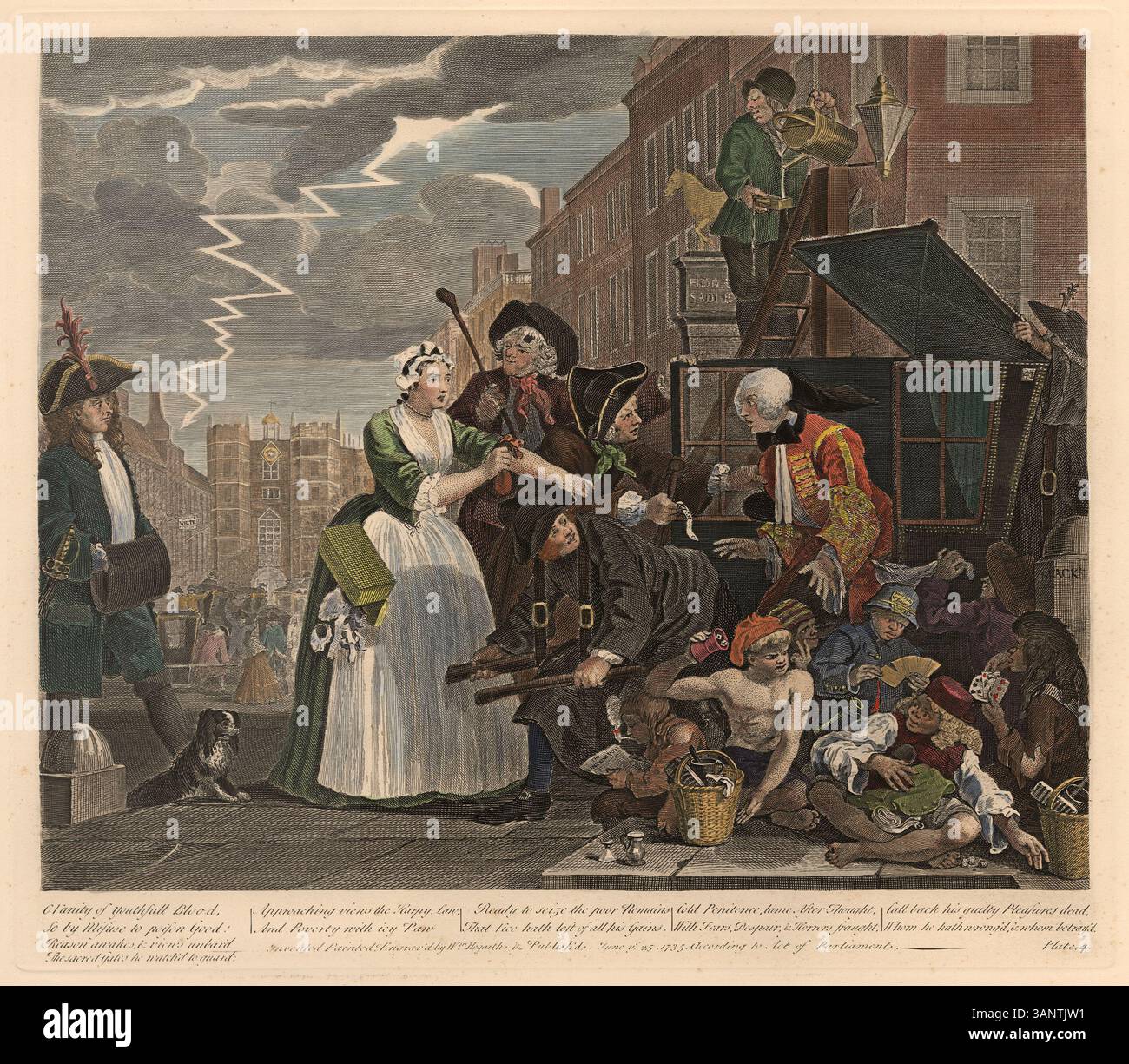 In diesem Druck aus William Hogarths Serie „A Rake’s Progress“ wird die Protagonistin wegen Schulden verhaftet. Diese Szene betont die Folgen eines Lebens in Nachsicht und Überfluss, da sein Glücksspiel und seine rücksichtslosen Ausgaben ihn zum finanziellen Ruin und zu rechtlichen Konsequenzen geführt haben. Stockfoto