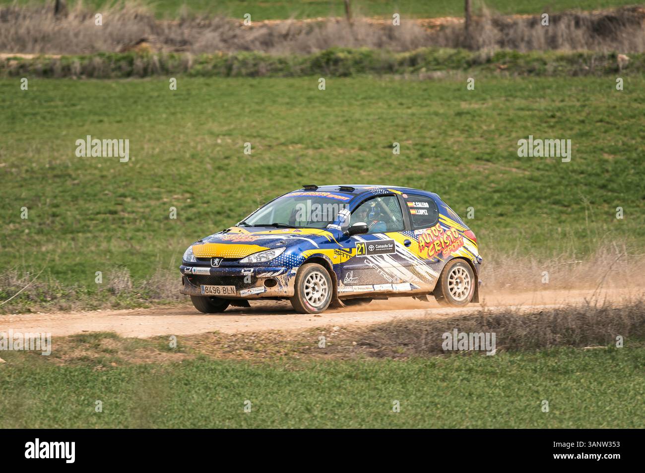 Madrid, Spanien; 15.02.2025: Der alte Peugeot 206 Rallye-Wagen fährt auf einer Schotterpiste und sammelt Staub während einer Dirt Rallye Stockfoto