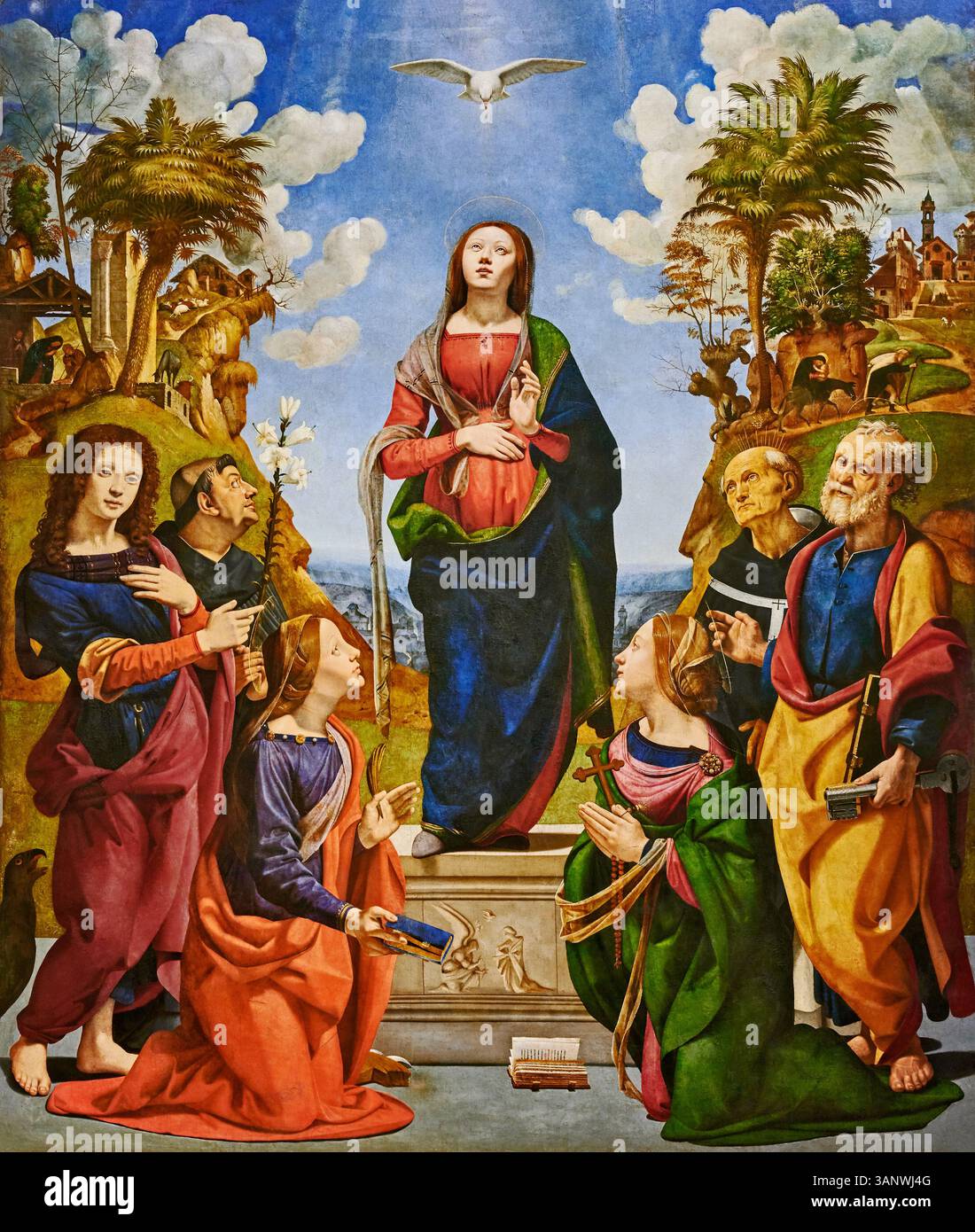 Incarnazione di Cristo alla presenza di S. Caterina d'Alessandria,S. Giovanni Evangelista, S. Filippo Benizzi, S. Antonino arcivescovo, S. Pietro e S. Stockfoto