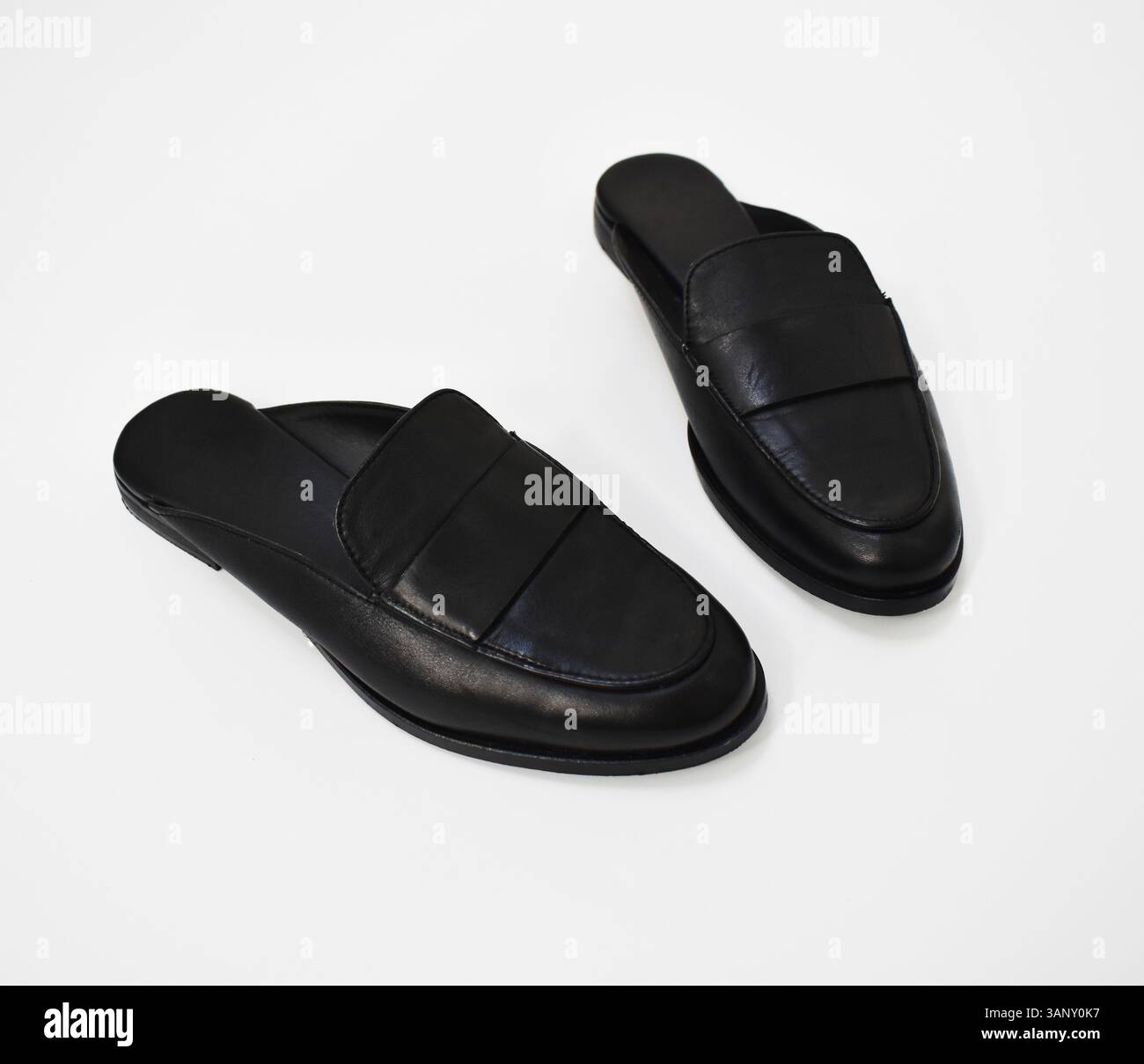 Schlichte schwarze Leder-Loafer mit dicken Absätzen für Damen, Pantoletten zum Hineinschlüpfen für legere und modische Looks, minimalistische Frühlingsmode auf weiß Stockfoto