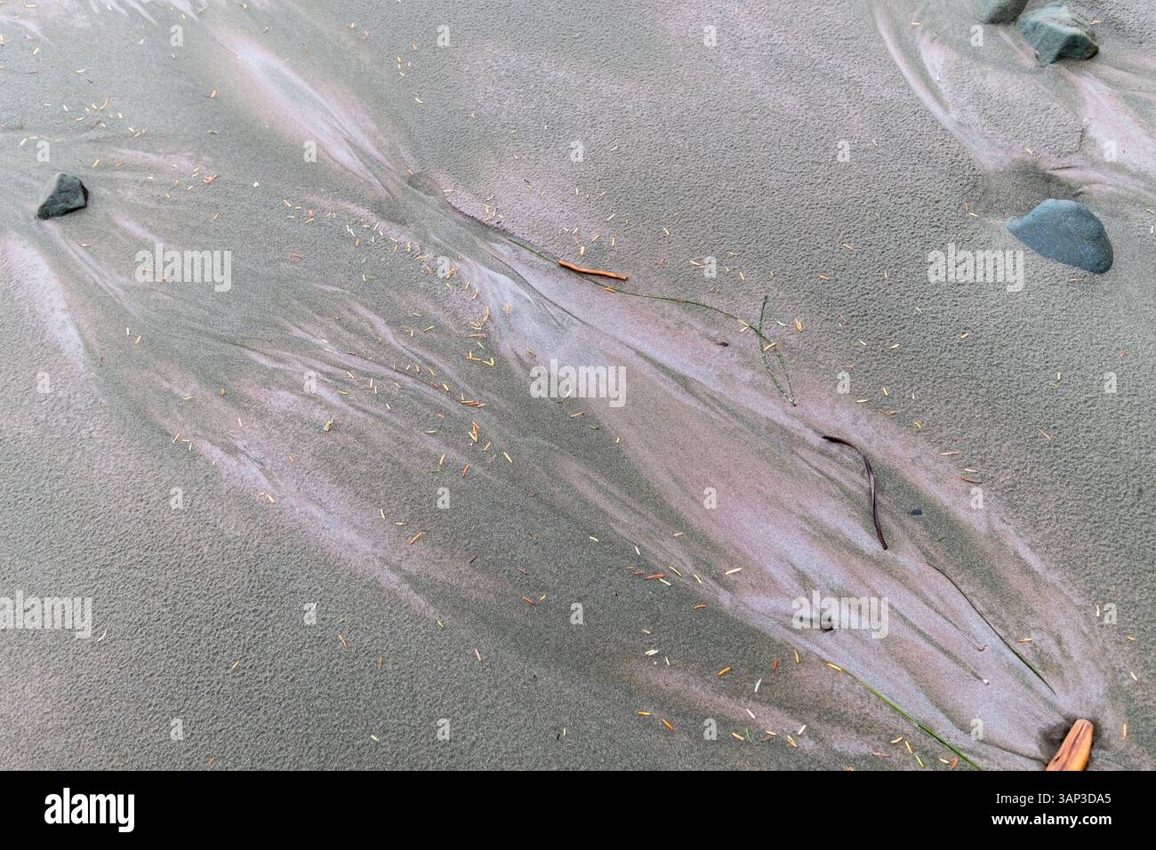 Die von Wind und Wasser geformten Sandmuster an der Küste Oregons spiegeln die Kunstfertigkeit der Natur wider Stockfoto