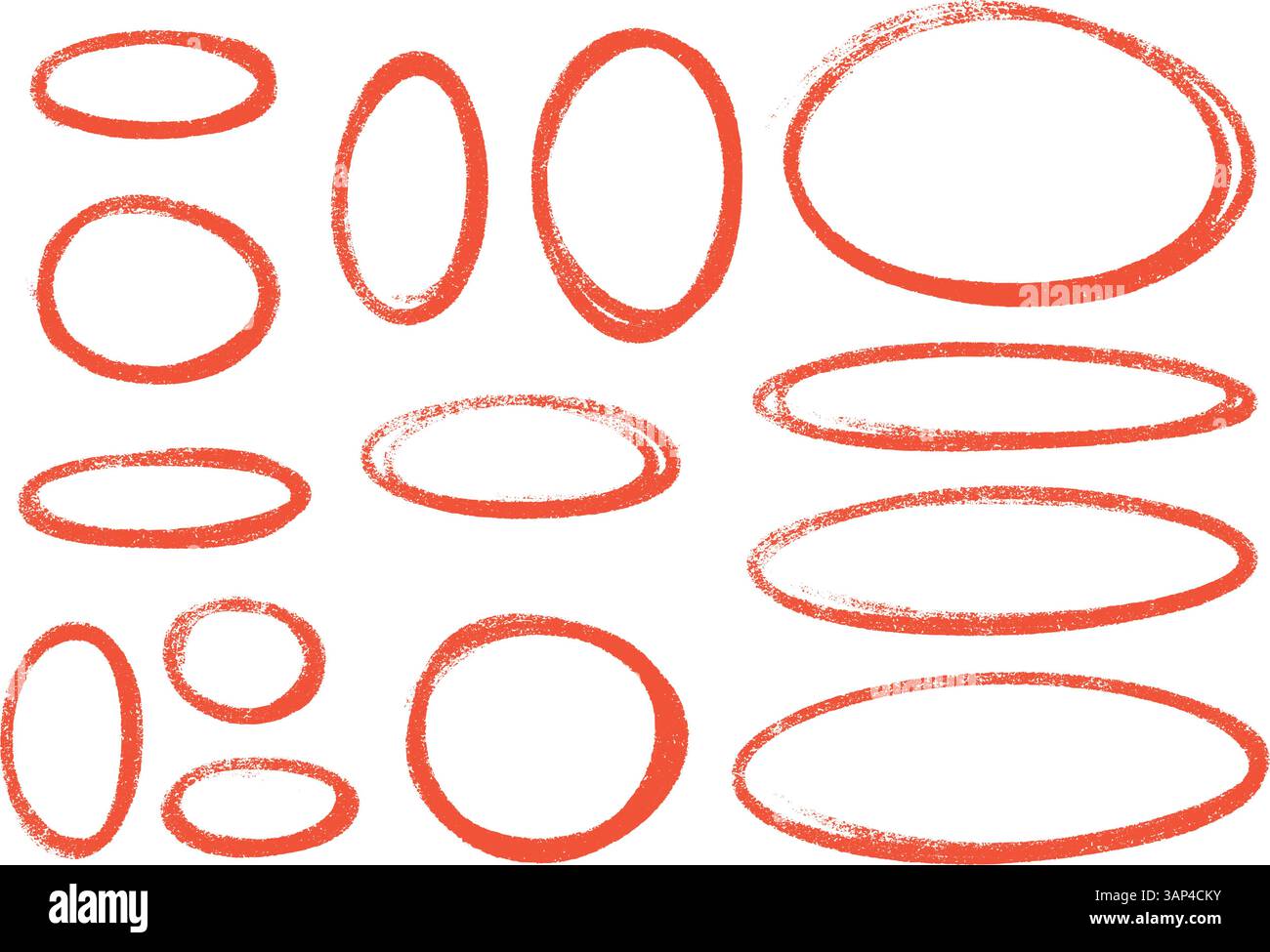 Set aus ovalem Buntstift oder Kreideformen mit roter Hervorhebung. Skizzenhafte Bleistift- oder Markierer-Hand gezeichnete grobe Ellipsenkreise Stock Vektor