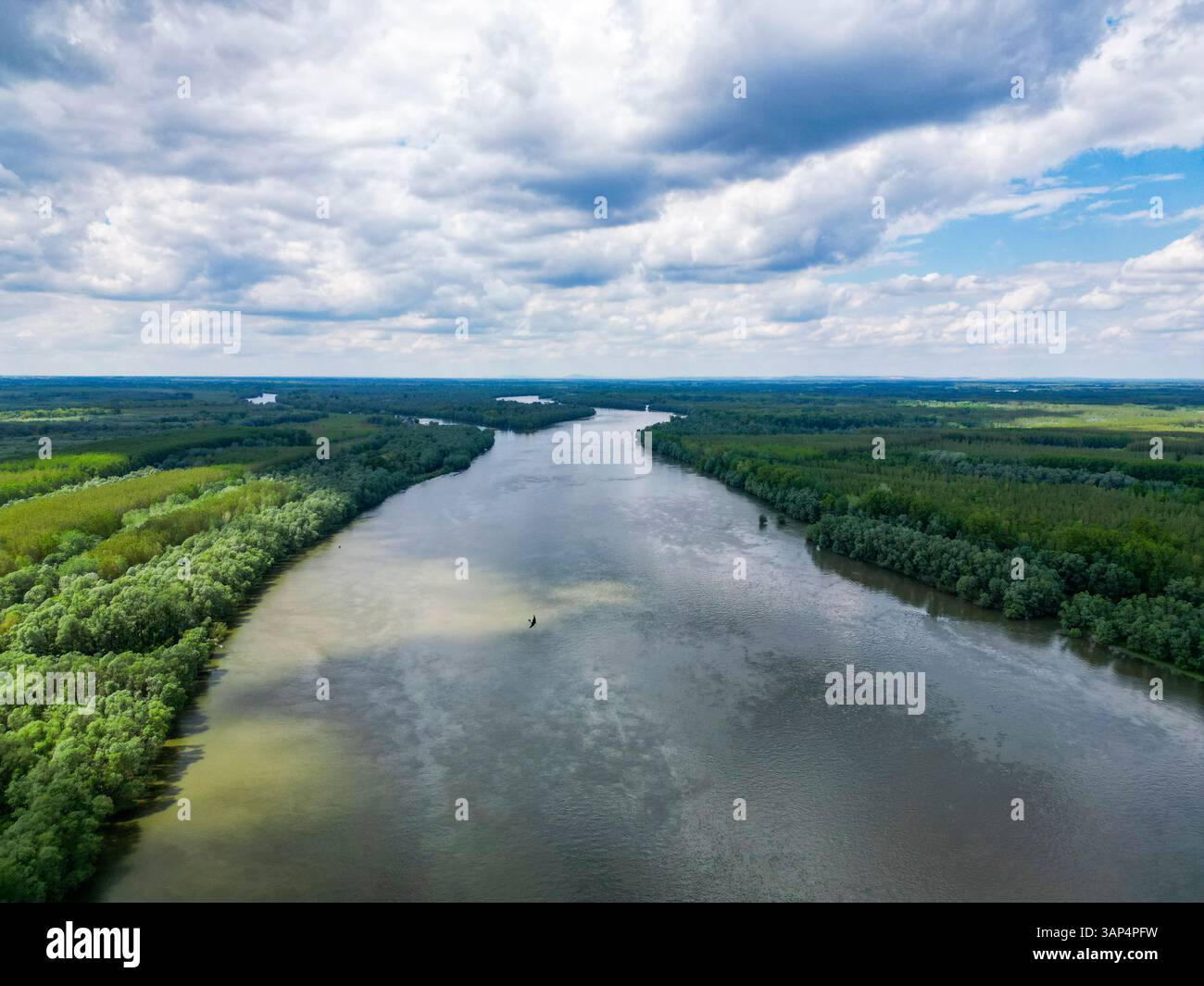 Luftaufnahme der Donau, die die Grenze zwischen Kroatien und Serbien trennt, Naturschutzgebiet Gornje Podunavlje, Aljmas, Osijek-Baranja, Kroatien. Stockfoto