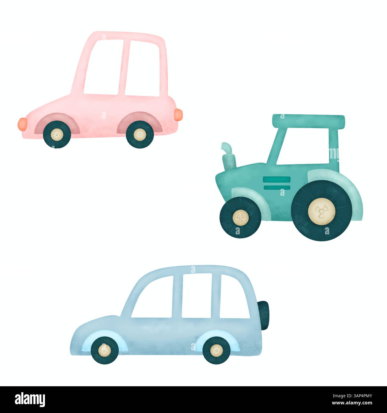 Abbildung von Retro-Fahrzeugen isoliert. Auto-Zeichentrick-Clipart für Babyschlafzimmer und Prints für Kinder Event Feiern Stockfoto