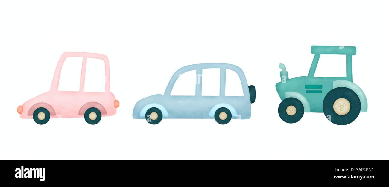 Abbildung von Retro-Fahrzeugen isoliert. Auto-Zeichentrick-Clipart für Babyschlafzimmer und Prints für Kinder Event Feiern Stockfoto