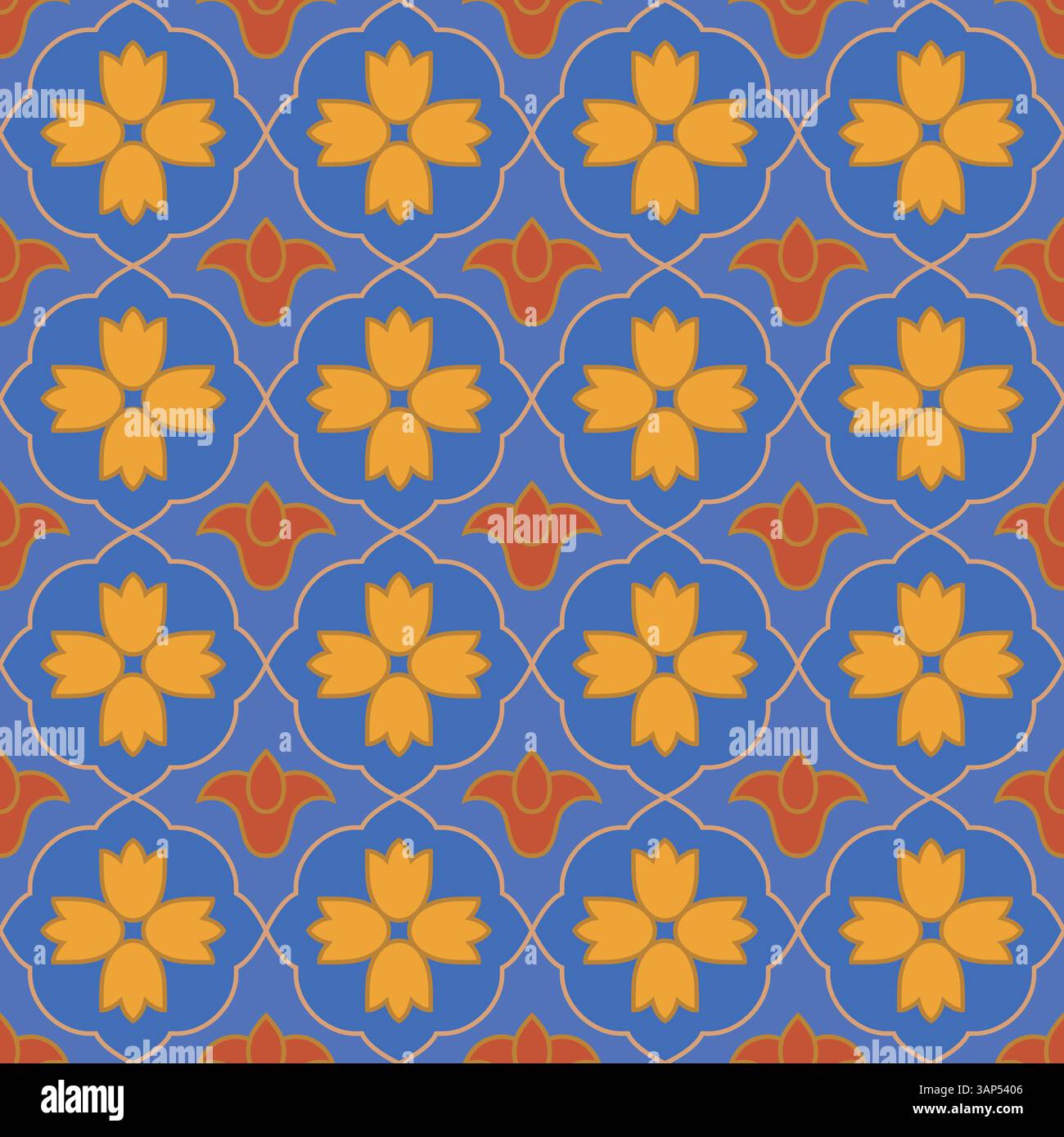 Nahtloses Muster im Emailstil mit geometrischen Farben. Alte Vintage Keramik Fliesen türkischer Hintergrund. Orientalische Stil Blumen Vektor Illustration. Stock Vektor