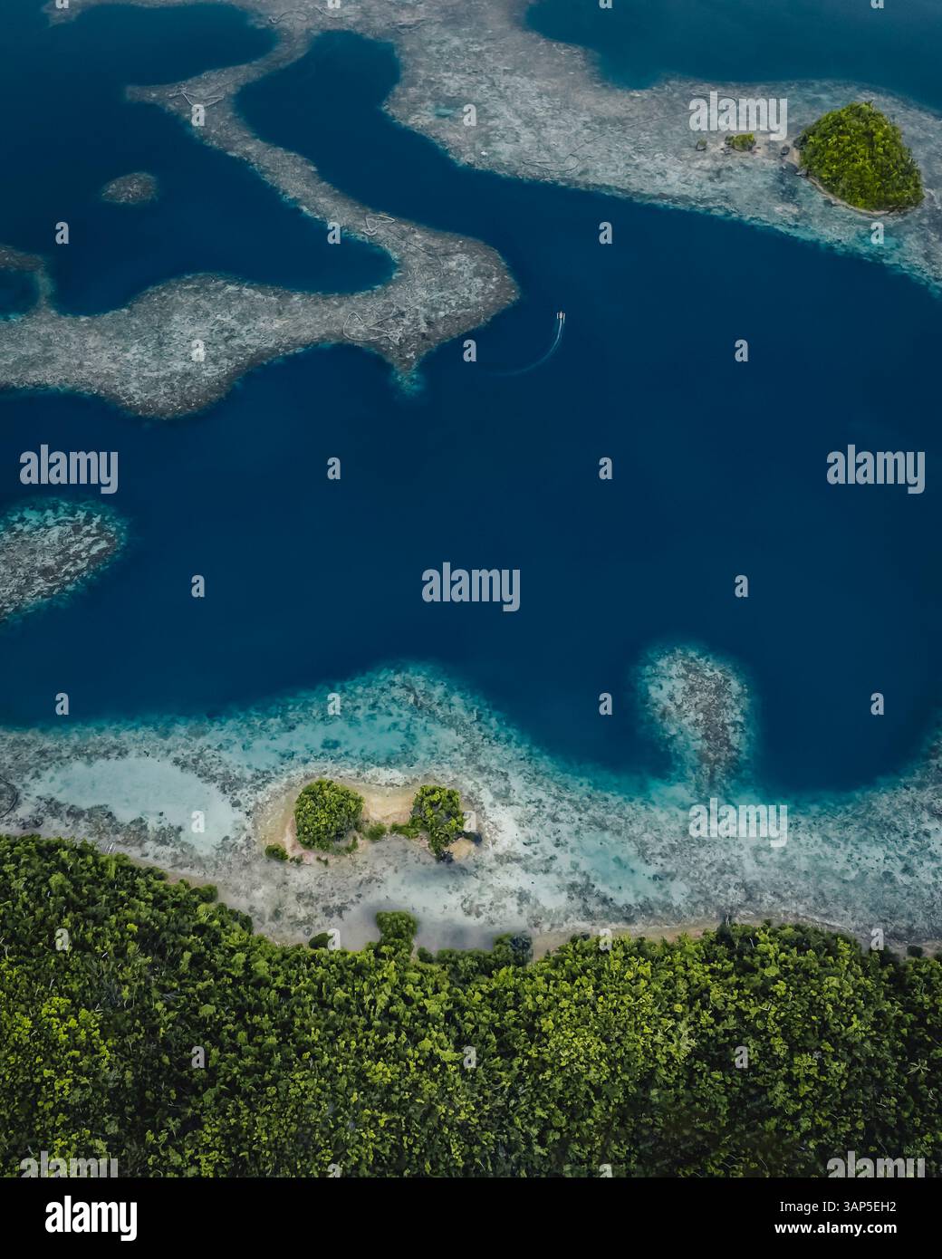 Drohnenansicht eines Katamarans, der die Küste der Sugba Blue Lagoon, einer tropischen Lagune auf der Insel Siargao, Surigao del Norte, Philippinen, segelt. Stockfoto