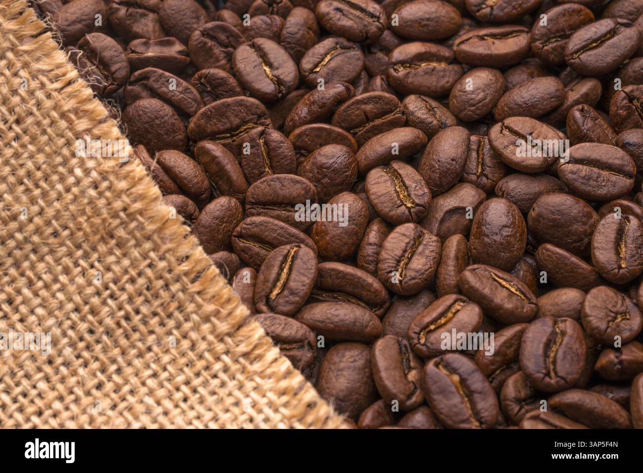 Frisch geröstete Kaffeebohnen in einem Sack Stockfoto