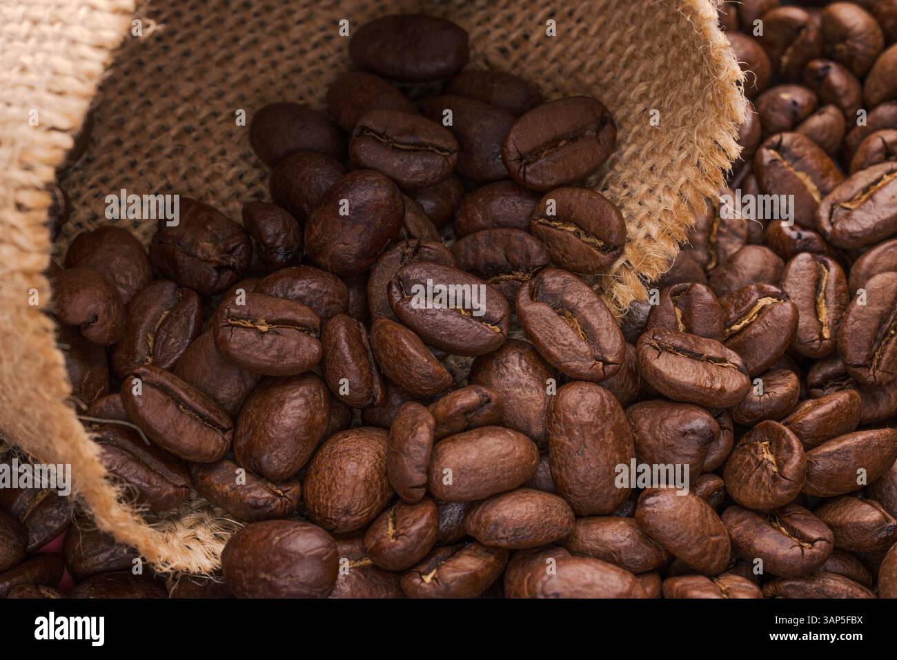 Frisch geröstete Kaffeebohnen in einem Sack Stockfoto