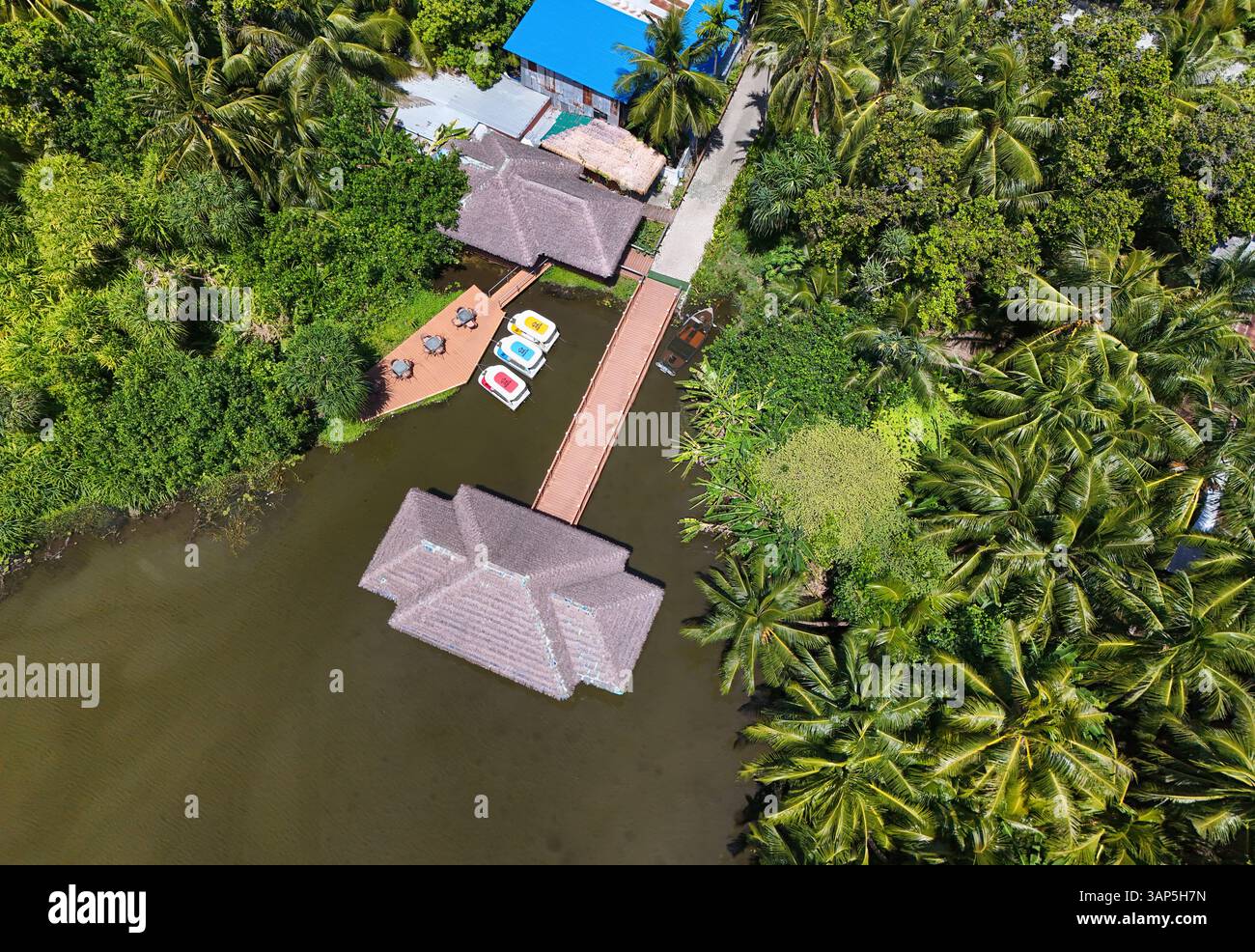 Aus der Vogelperspektive auf einen ruhigen Naturpark mit einem ruhigen See, Palmen und einer Hütte an einer Promenade, Fuvahmulah, Malediven. Stockfoto