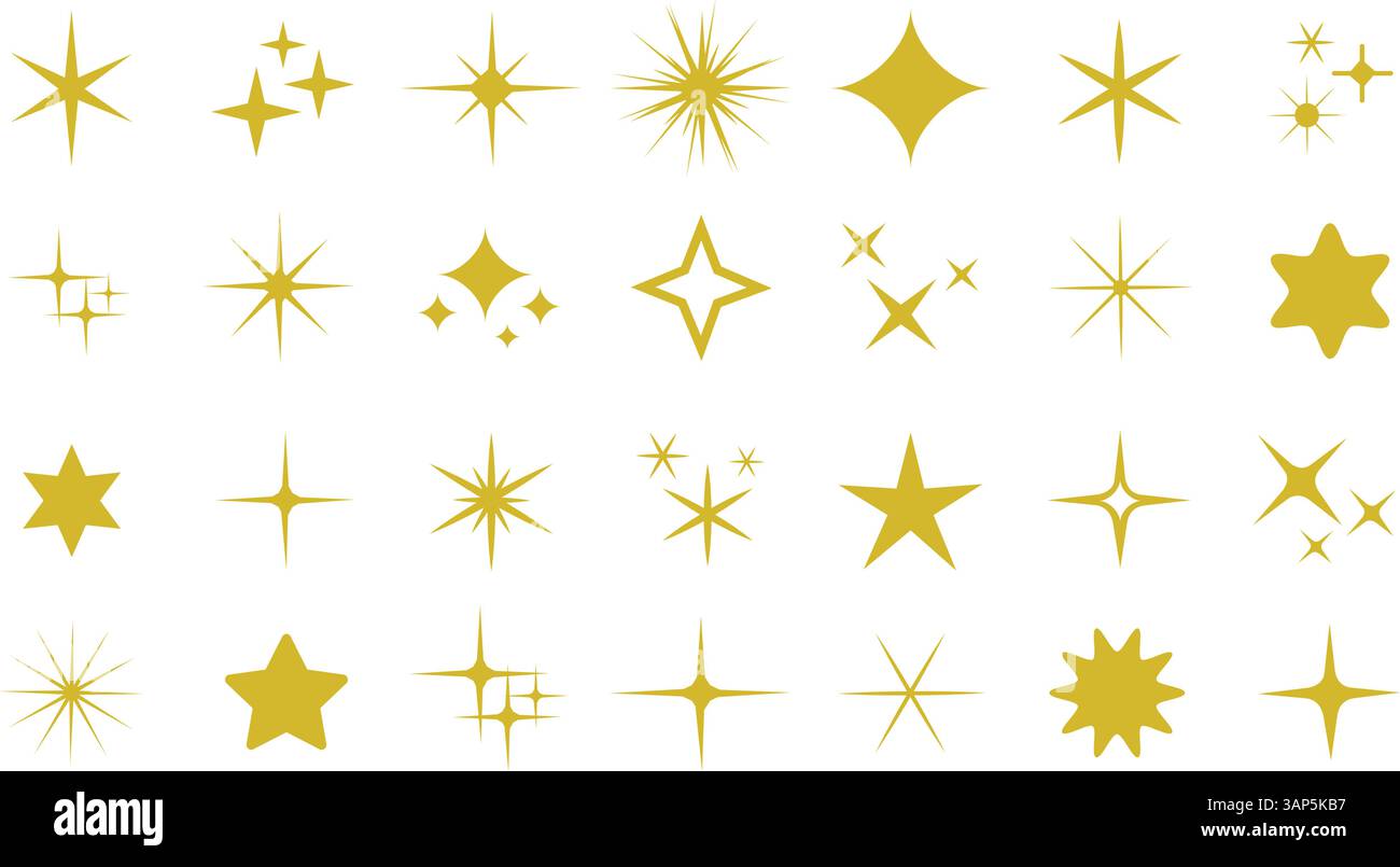 Sternsymbole . Abstraktes gelbes Funkeln. Funkelnde Sterne, strahlender Ausbruch. Weihnachtsvektorsymbole isoliert auf weißem Hintergrund Stock Vektor
