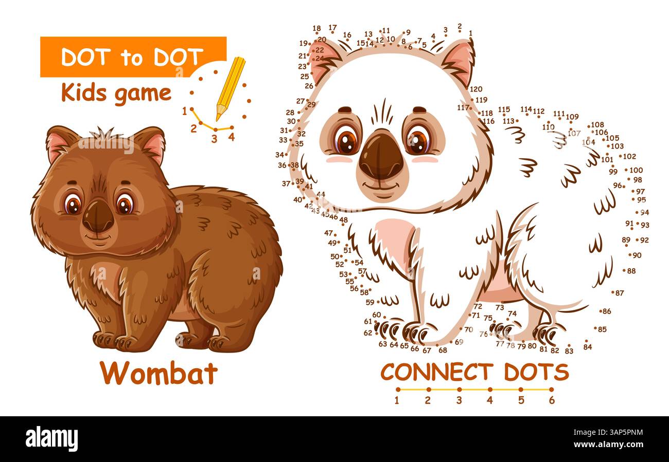 Niedliches Wombat Bär Connect Punktzahl Kinder Bildung Puzzle Spiel. Australisches Wildtier. Gepunktete Linie verbinden. Seite mit Ausmalbuch. Logische Aufgabe des Kindes Stock Vektor