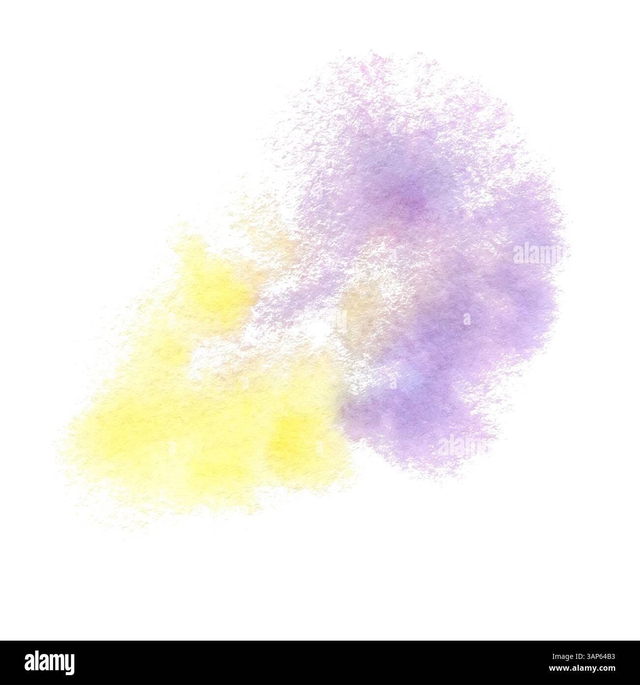 Gelb-lila abstrakter Aquarellfleck mit weichen, verschwommenen Kanten. Handgezeichnete Farbunschärfe in Wet-on-Wet-Technik. Design-Element mit durchscheinendem Punktmuster iso Stockfoto
