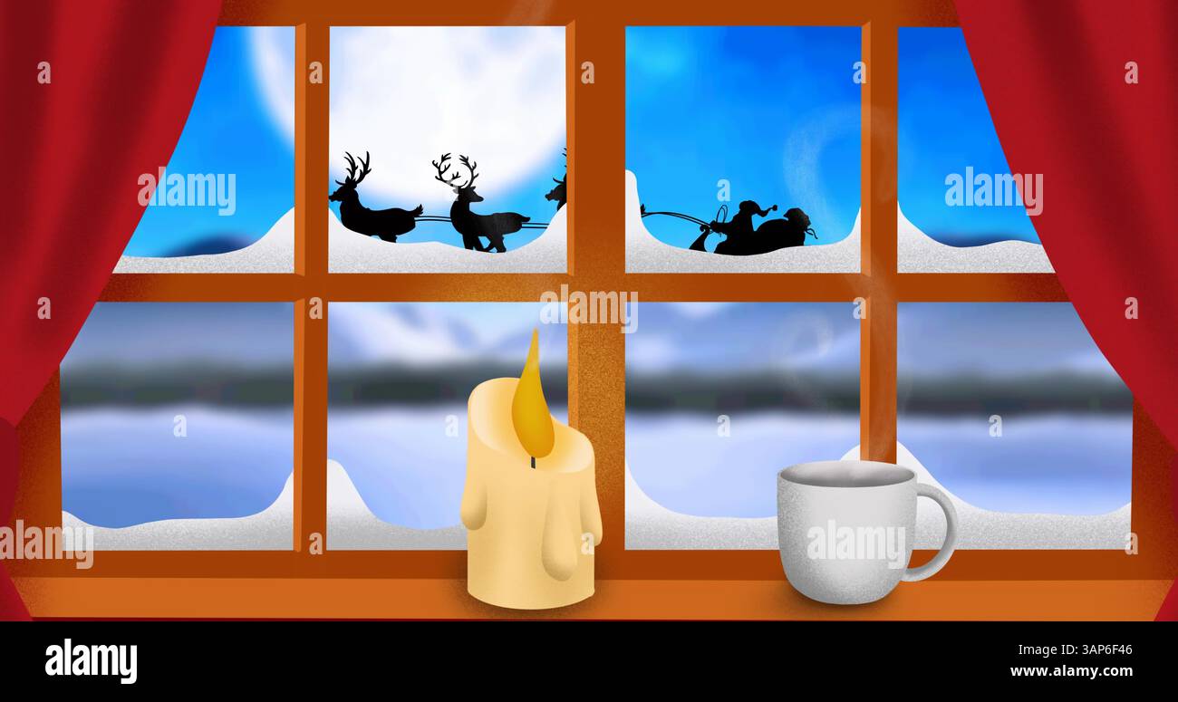 Bild des weihnachtsmanns im Schlitten mit Rentieren durch Fenster und Kerze Stockfoto Bild des weihnachtsmanns im Schlitten mit Rentieren durch Fenster und Kerze Stockfoto