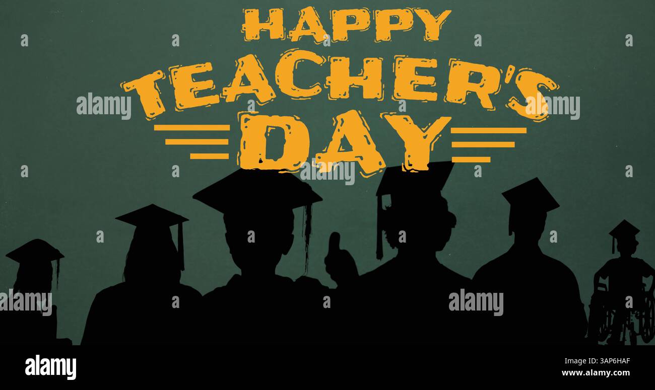 Bild des Tages der glücklichen Lehrer über Silhouetten der Schüler Stockfoto