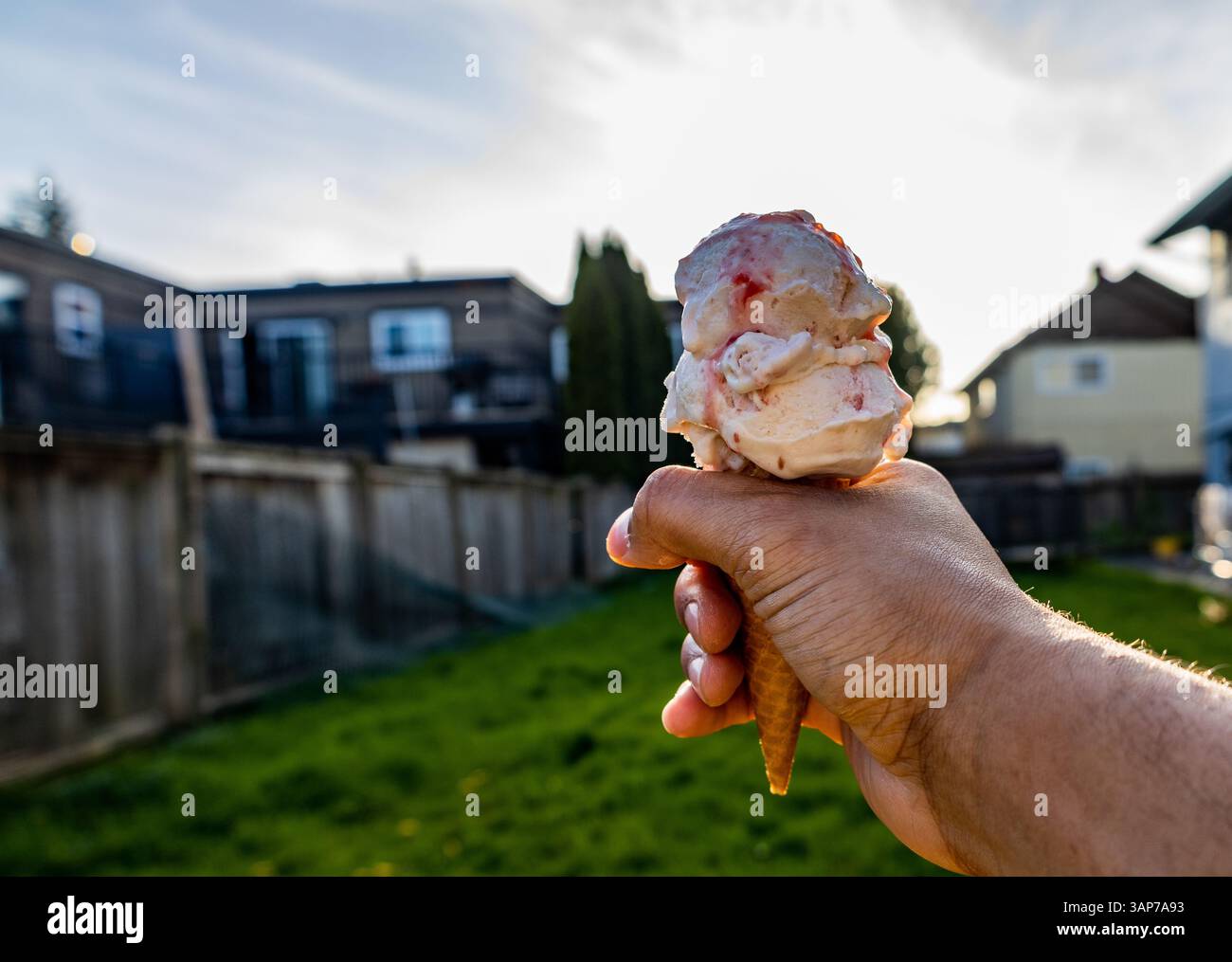 Die Hand hält Erdbeereiskegel im Hinterhof mit der Sonne hinter dem Kegel Stockfoto