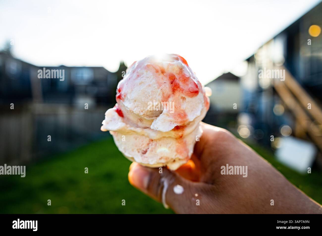 Die Hand hält Erdbeereiskegel im Hinterhof mit der Sonne hinter dem Kegel Stockfoto