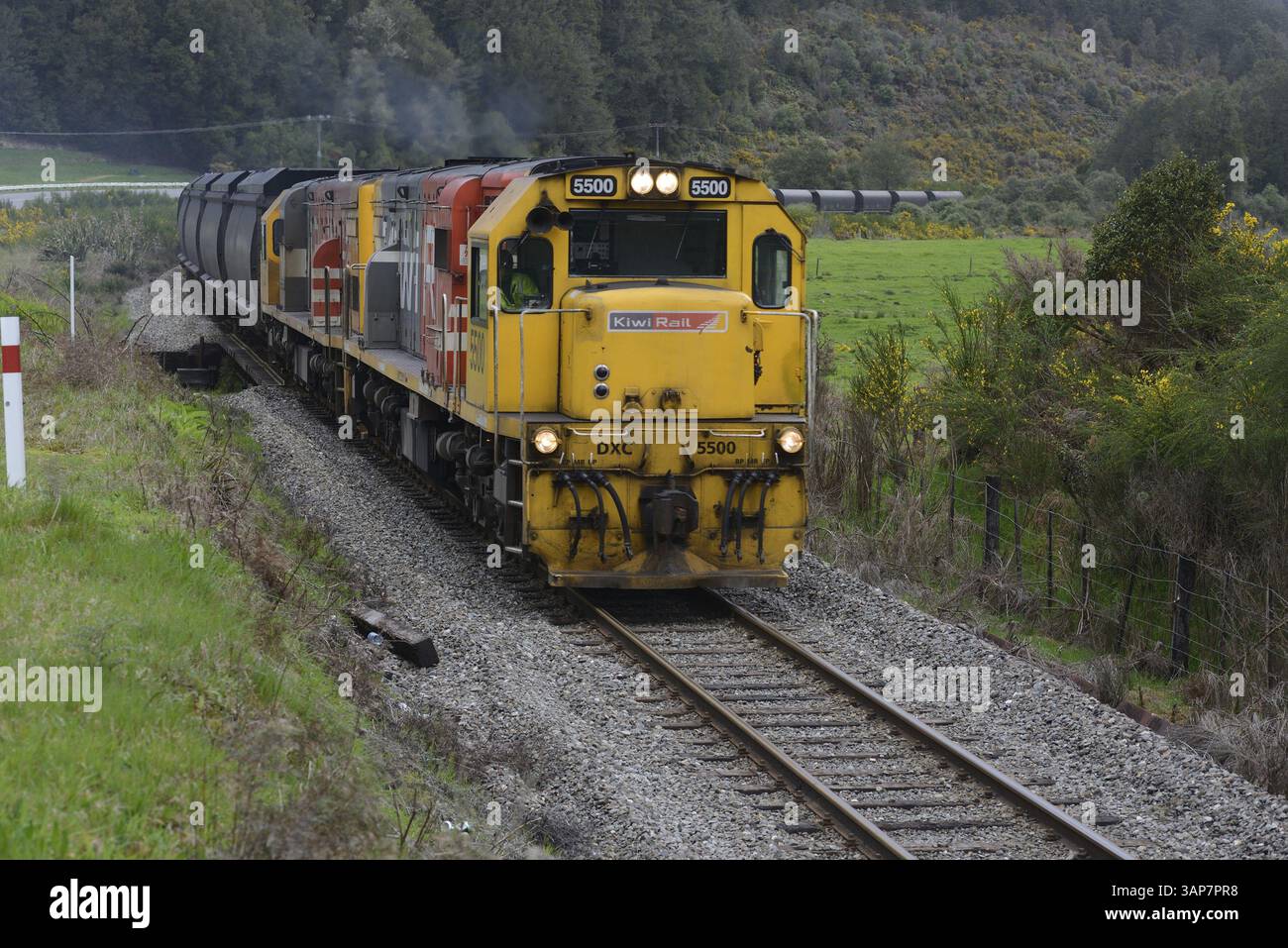 Ein Zug fährt leere Wagen zur Tagebau Stockton, Westland, Neuseeland, Ozeanien Stockfoto