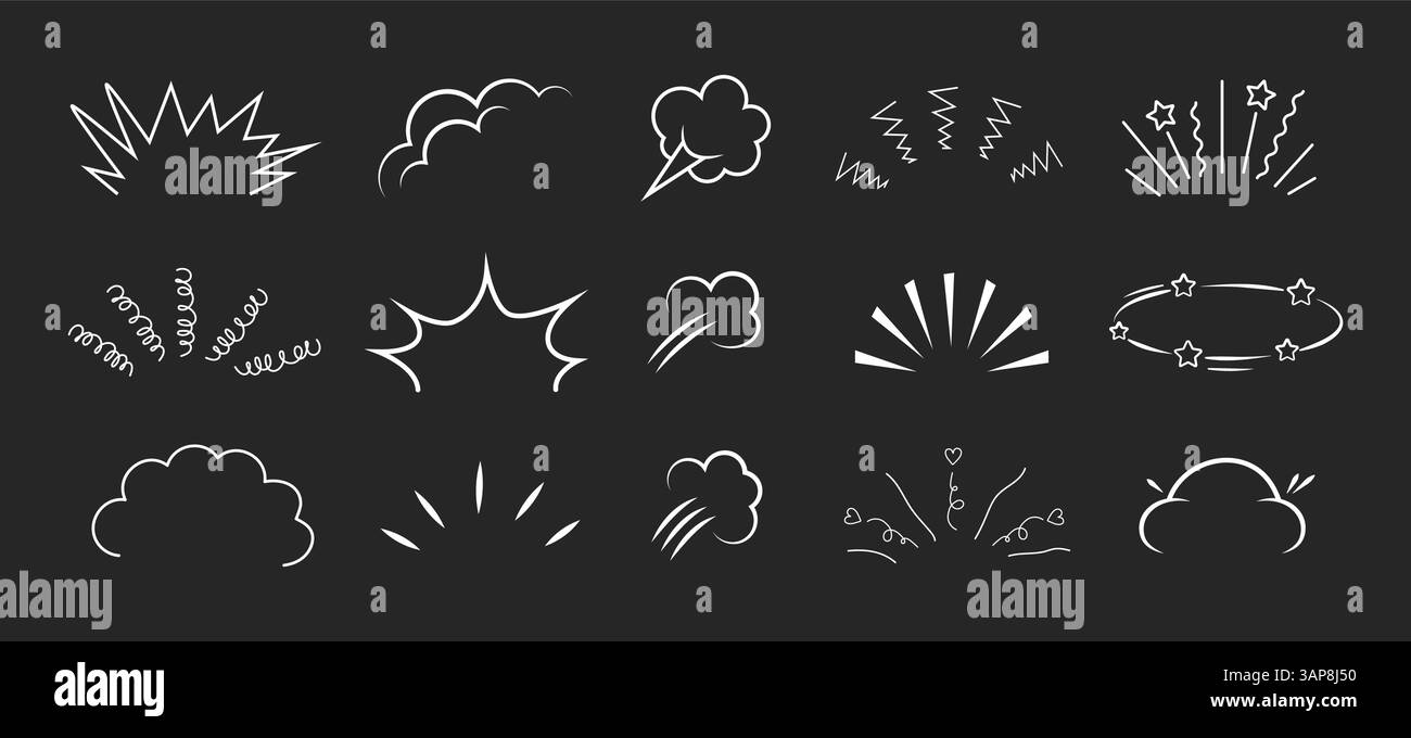 Anime-Emotionseffekt. Handgezeichnete Comic-Elemente auf schwarzem Hintergrund. Schwindelgefühl oder Kopfschmerzen. Satz der Doodle Vector Illustration Stock Vektor