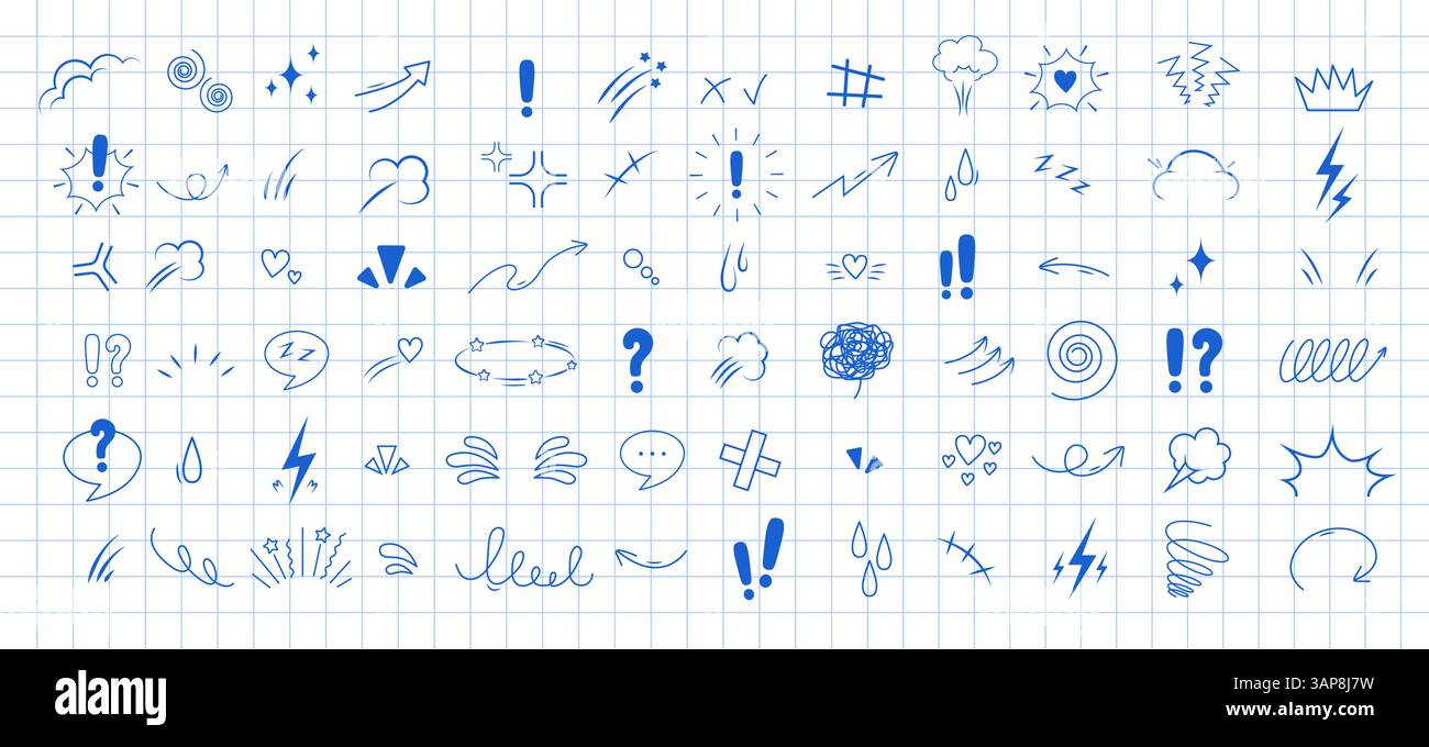Anime Emotion Effect Kollektion. Doodle-Manga-großes Set. Zeichen-Emotionssymbole auf kariertem Notizbuchblatt. Vektorabbildung Stock Vektor