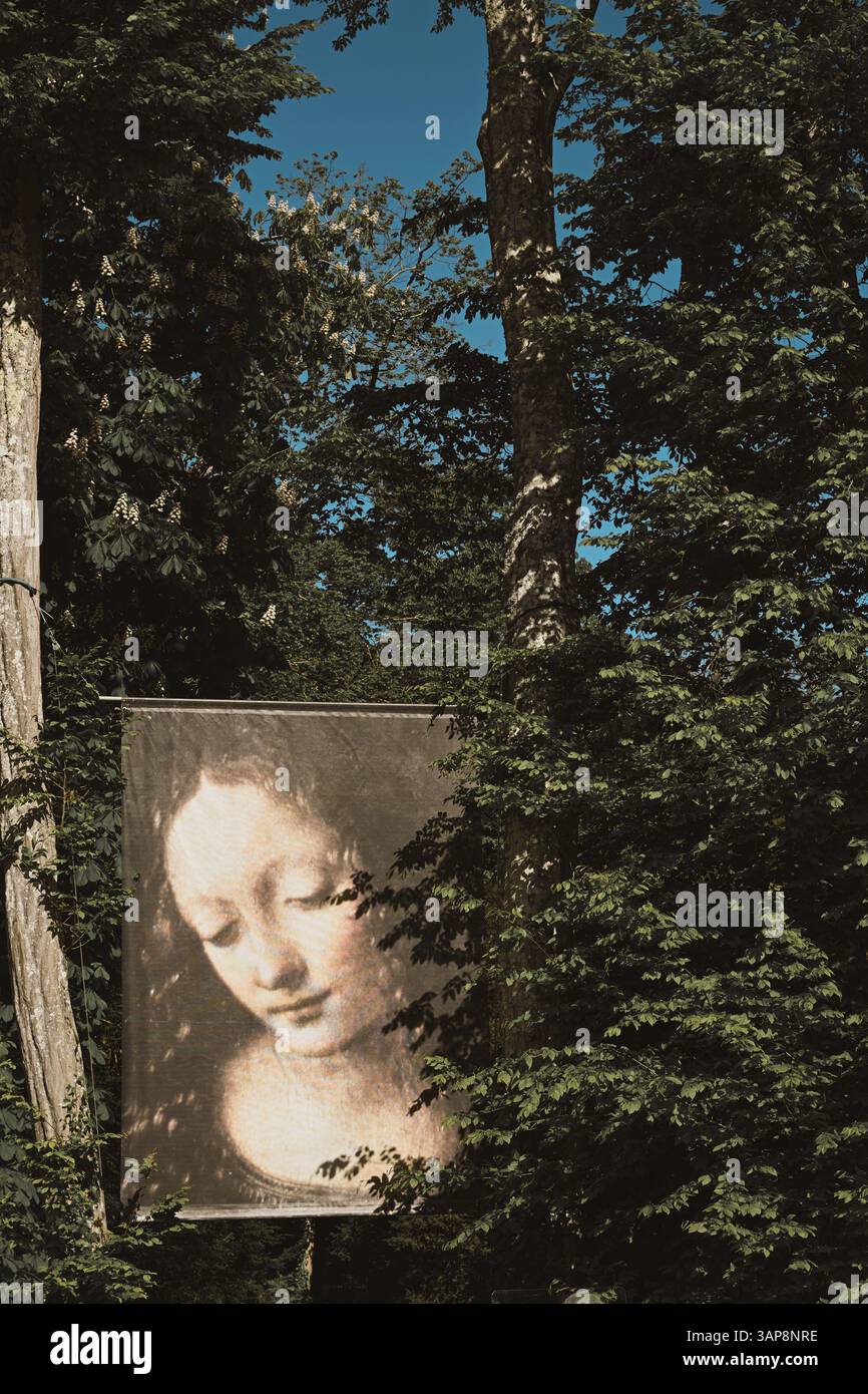Gemälde des Meisters Leonardo da Vinci auf einer gespannten Leinwand, im Park des Schlosses Clos Luce, Vintage-Version Stockfoto