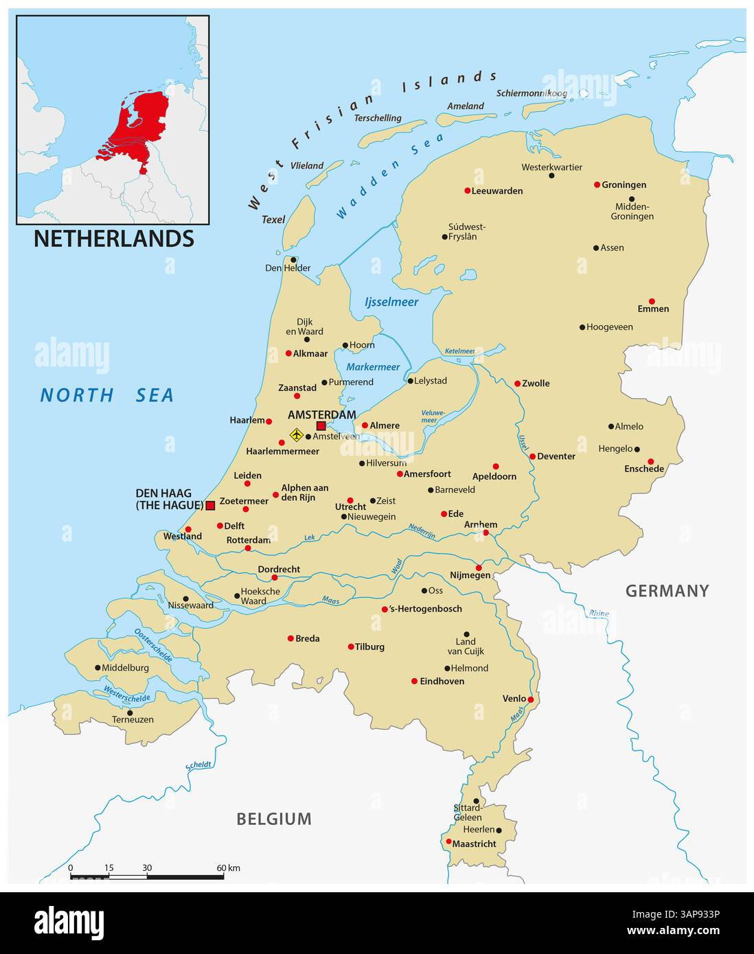 Karte des nordwesteuropäischen Landes der Niederlande Stockfoto