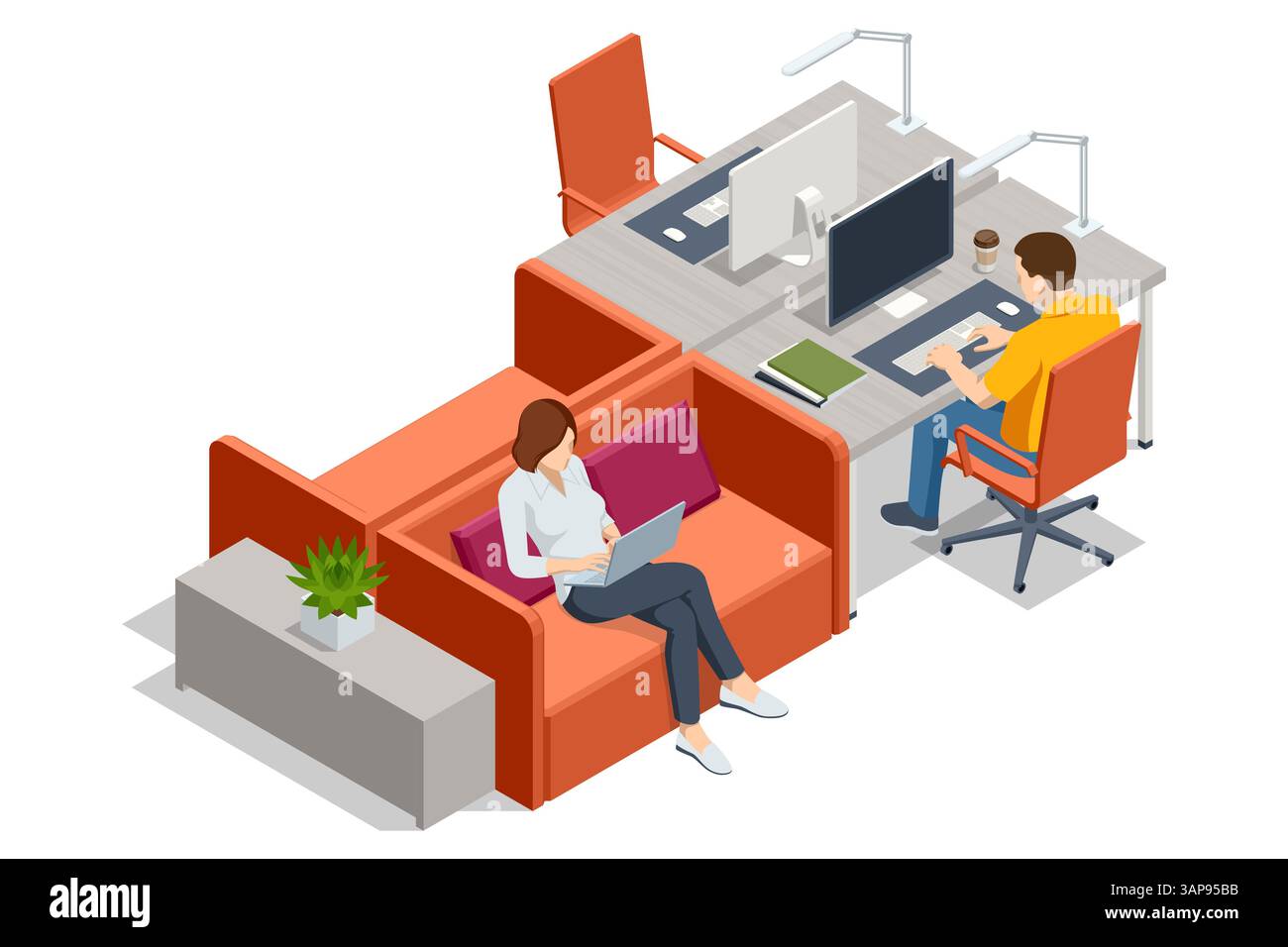 Eine isometrische Vektor-Illustration eines Coworking-Raums mit einem Mann, der an einem Schreibtisch arbeitet, und einer Frau, die einen Laptop auf einem Sofa benutzt, kombiniert Komfort und Stock Vektor